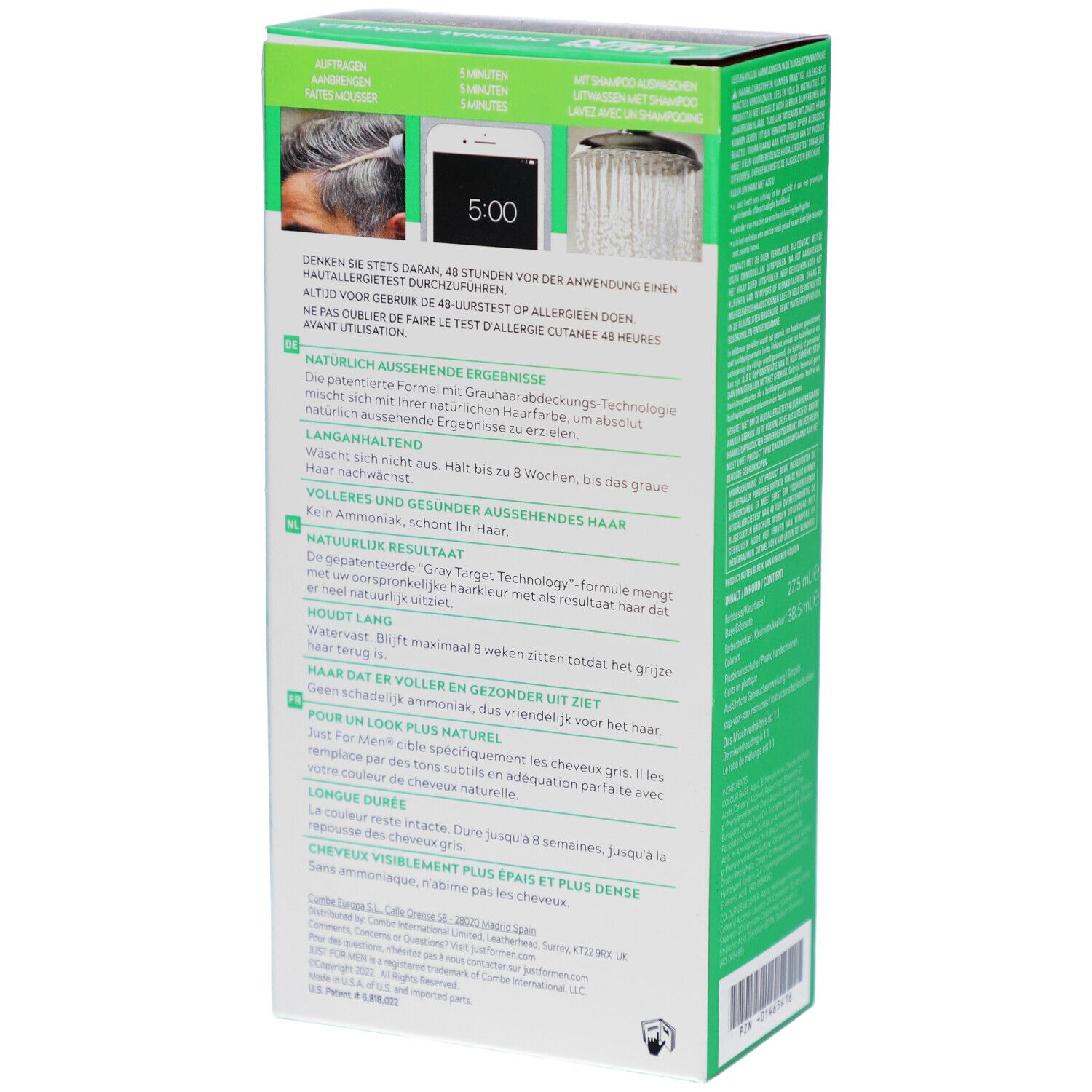 Dos de la boîte de coloration capillaire Just For Men. Texte, instructions d'utilisation et résultats des tests.