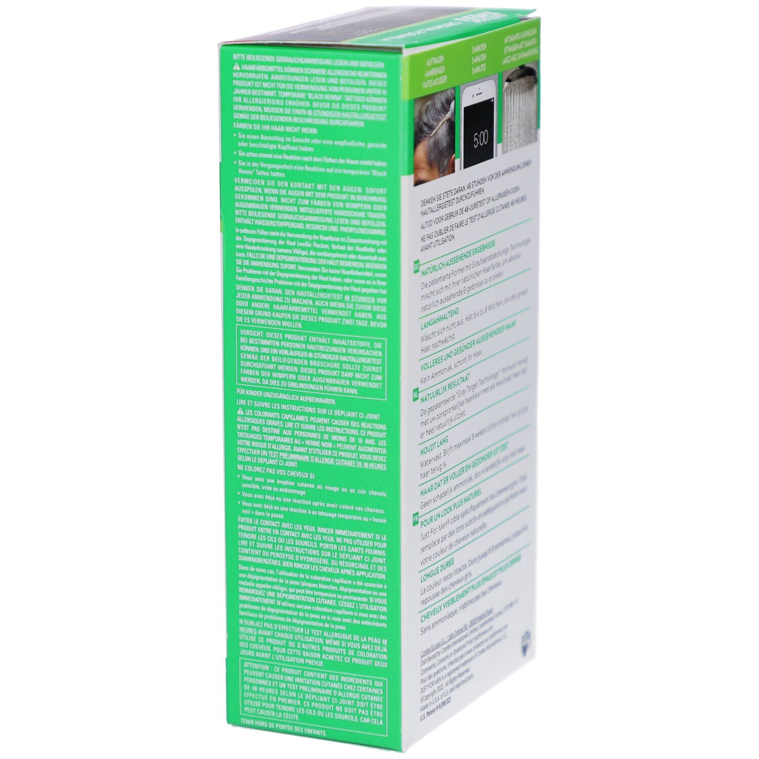 Dos de la boîte de coloration capillaire Just For Men. Texte, instructions d'utilisation et résultats des tests.