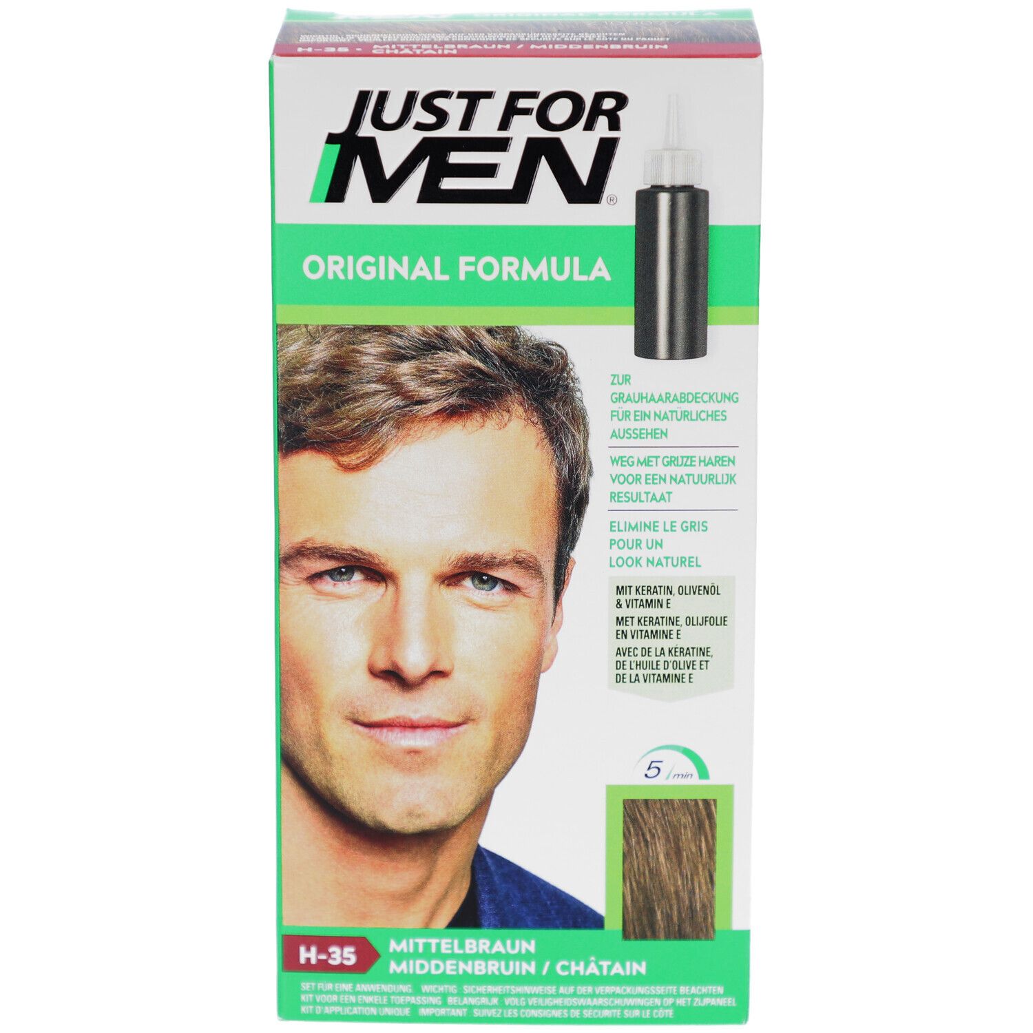 Boîte de coloration capillaire Just For Men. Avant avec homme, nom du produit, nuance H-35 Châtain.