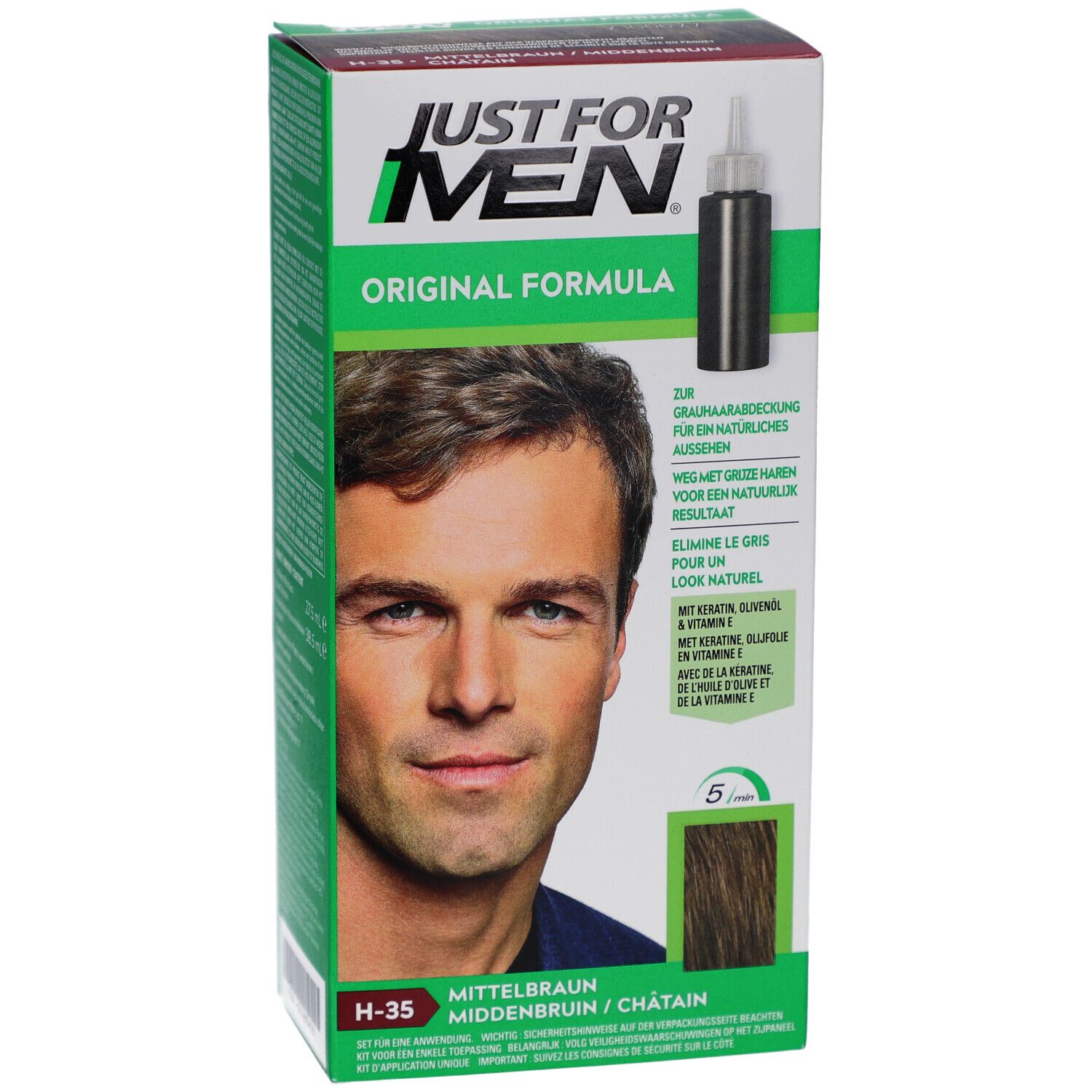 Boîte de coloration capillaire Just For Men. Avant avec homme, nom du produit, nuance H-35 Châtain.