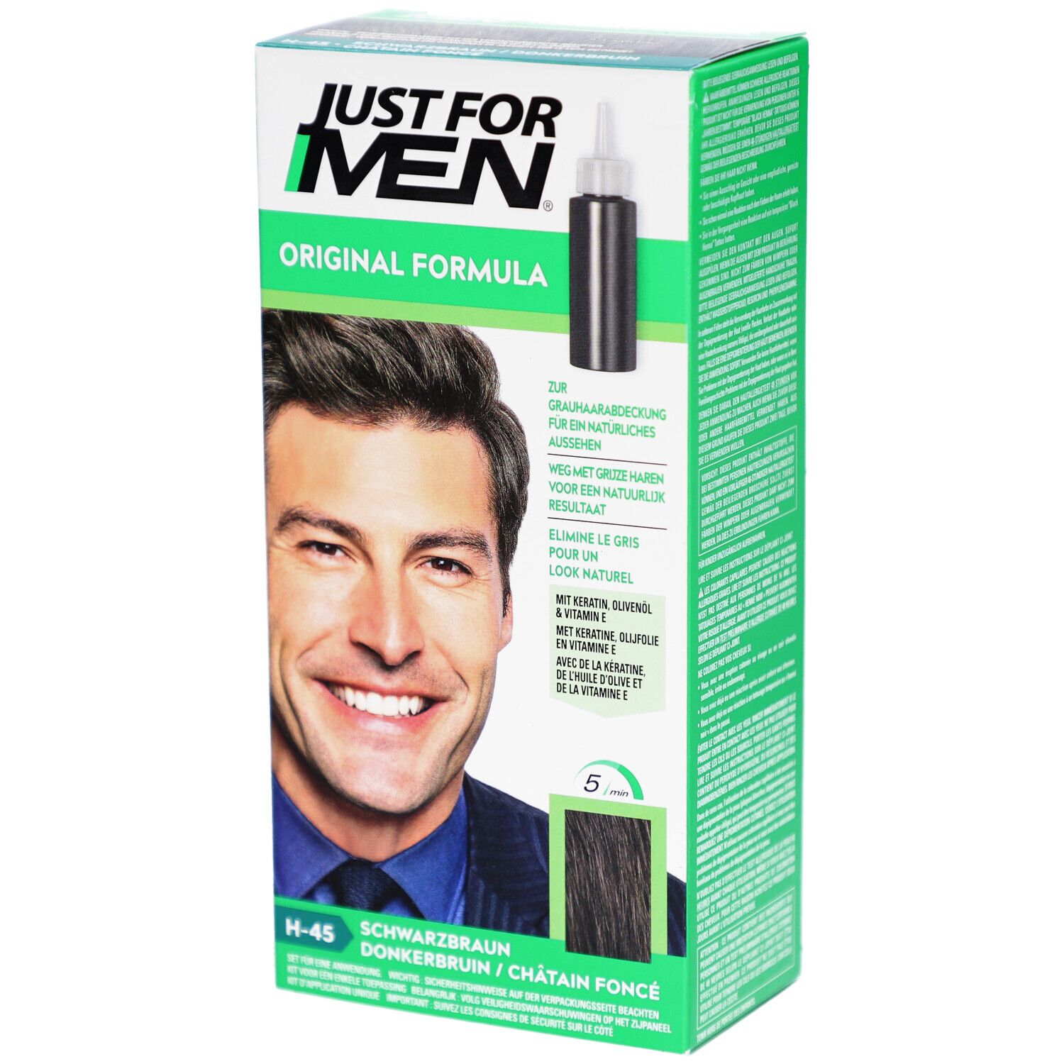 Boîte de coloration capillaire Just For Men. Contient un flacon. Un homme est représenté sur l'emballage.