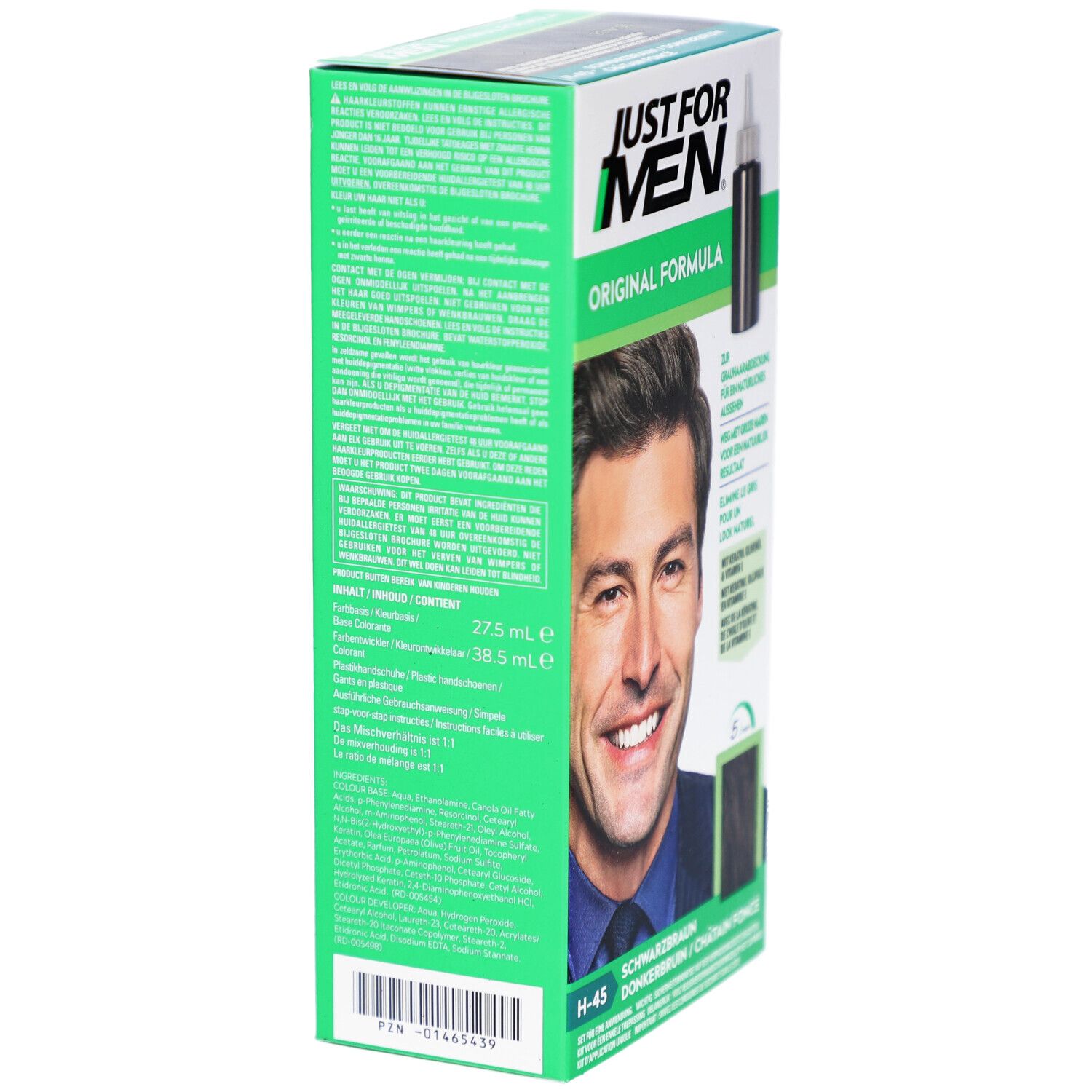 Vue latérale de la boîte de coloration capillaire Just For Men. Texte et un homme sont représentés sur l'emballage.