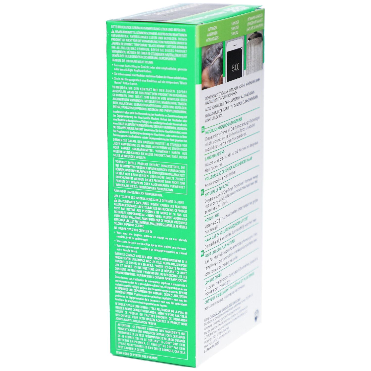 Dos de la boîte de coloration capillaire Just For Men. Texte et graphiques avec instructions sont représentés.