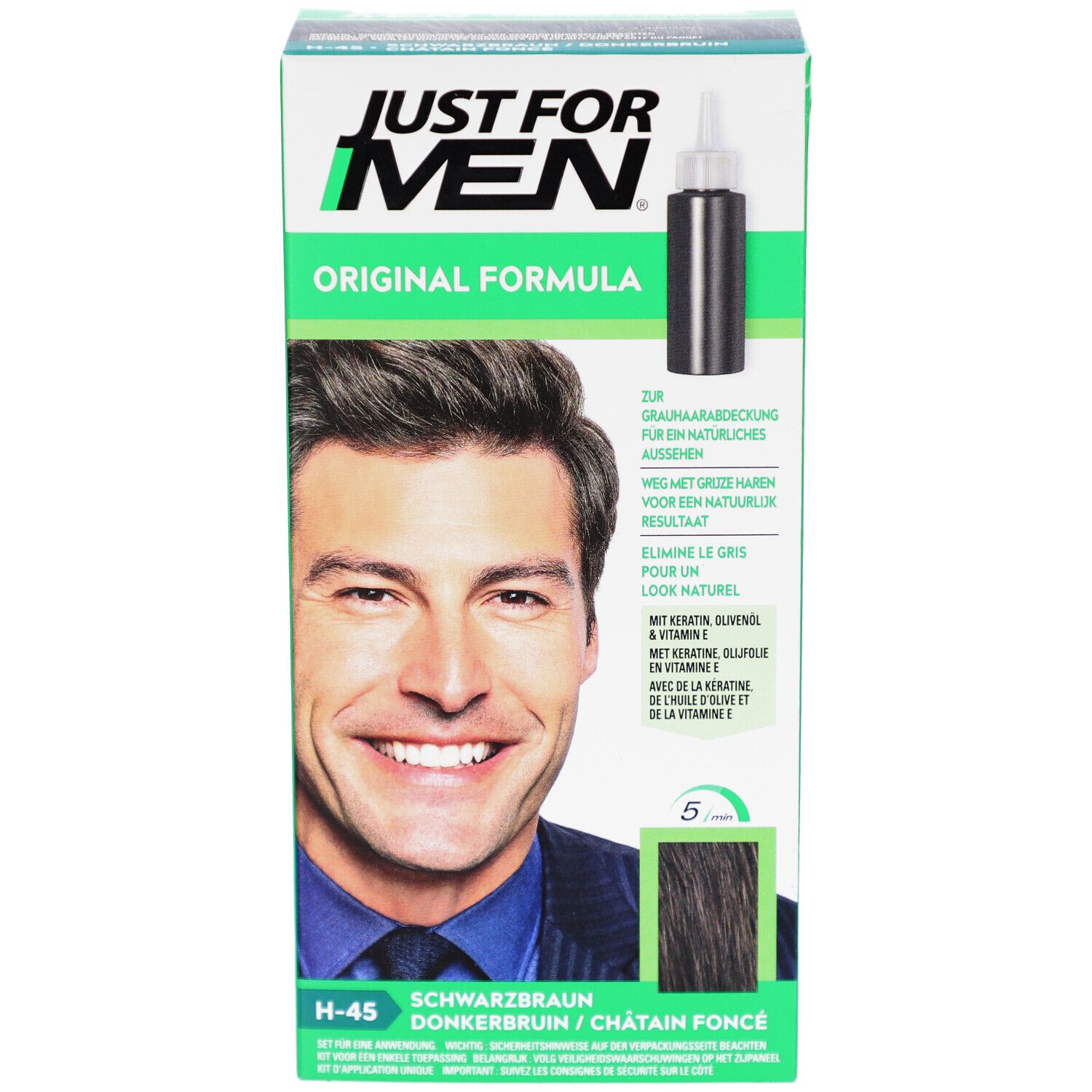 Boîte de coloration capillaire Just For Men. Contient un flacon. Un homme est représenté sur l'emballage.