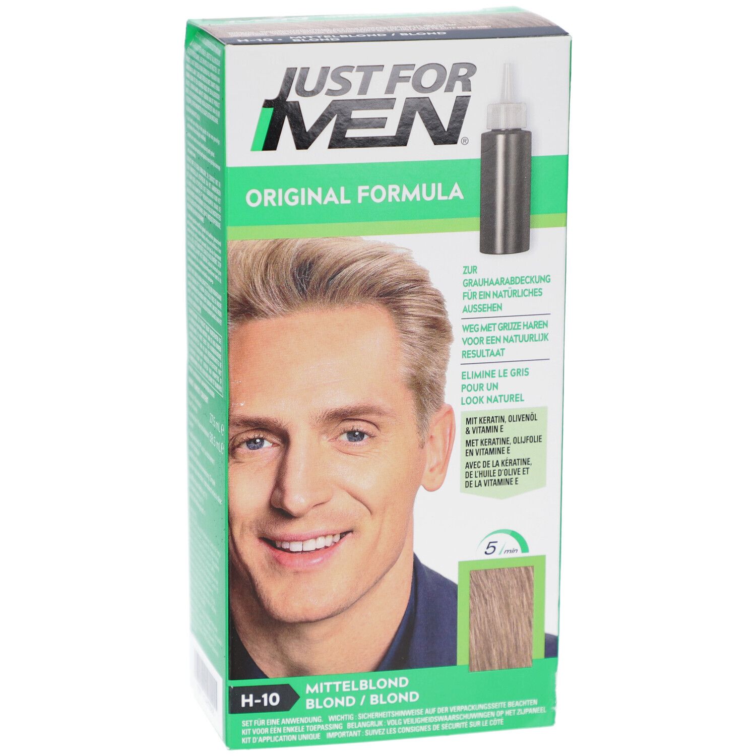 Face avant de la boîte de coloration. Just For Men Blond H-10. Homme blond sur l'emballage.