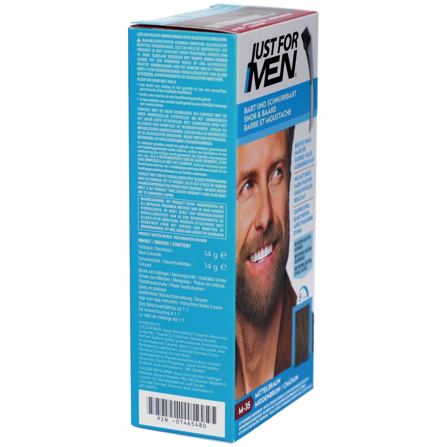 Dos de la boîte Just For Men pour barbe et moustache. Informations textuelles et détails du produit.