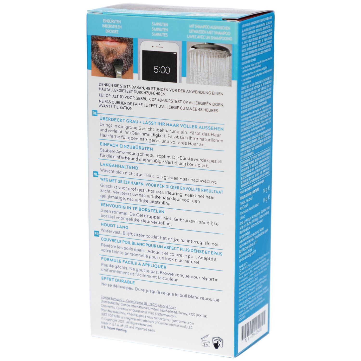 Dos de la boîte Just For Men. Graphiques montrant les instructions d'utilisation et le test d'allergie.