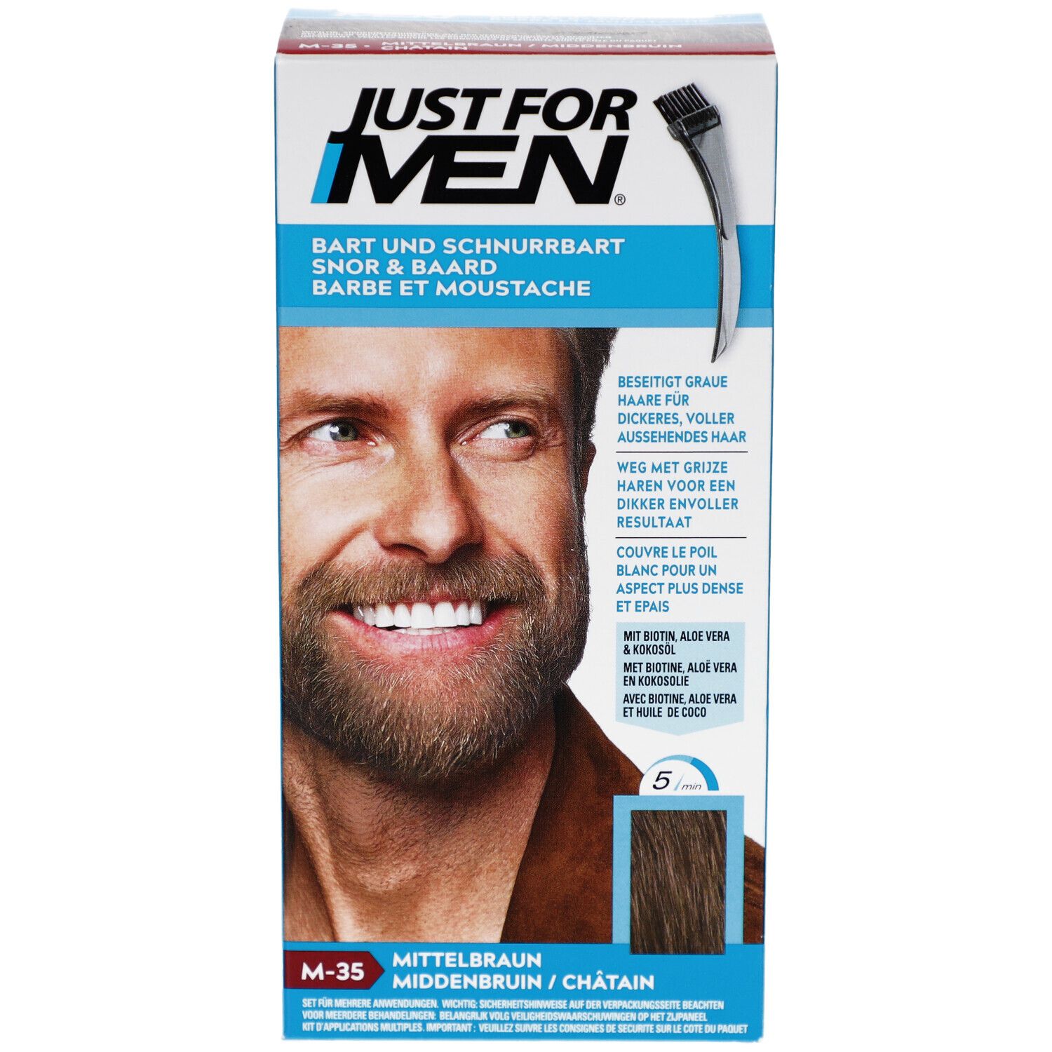 Boîte Just For Men pour barbe et moustache. Homme avec barbe. Teinte M-35, châtain moyen.