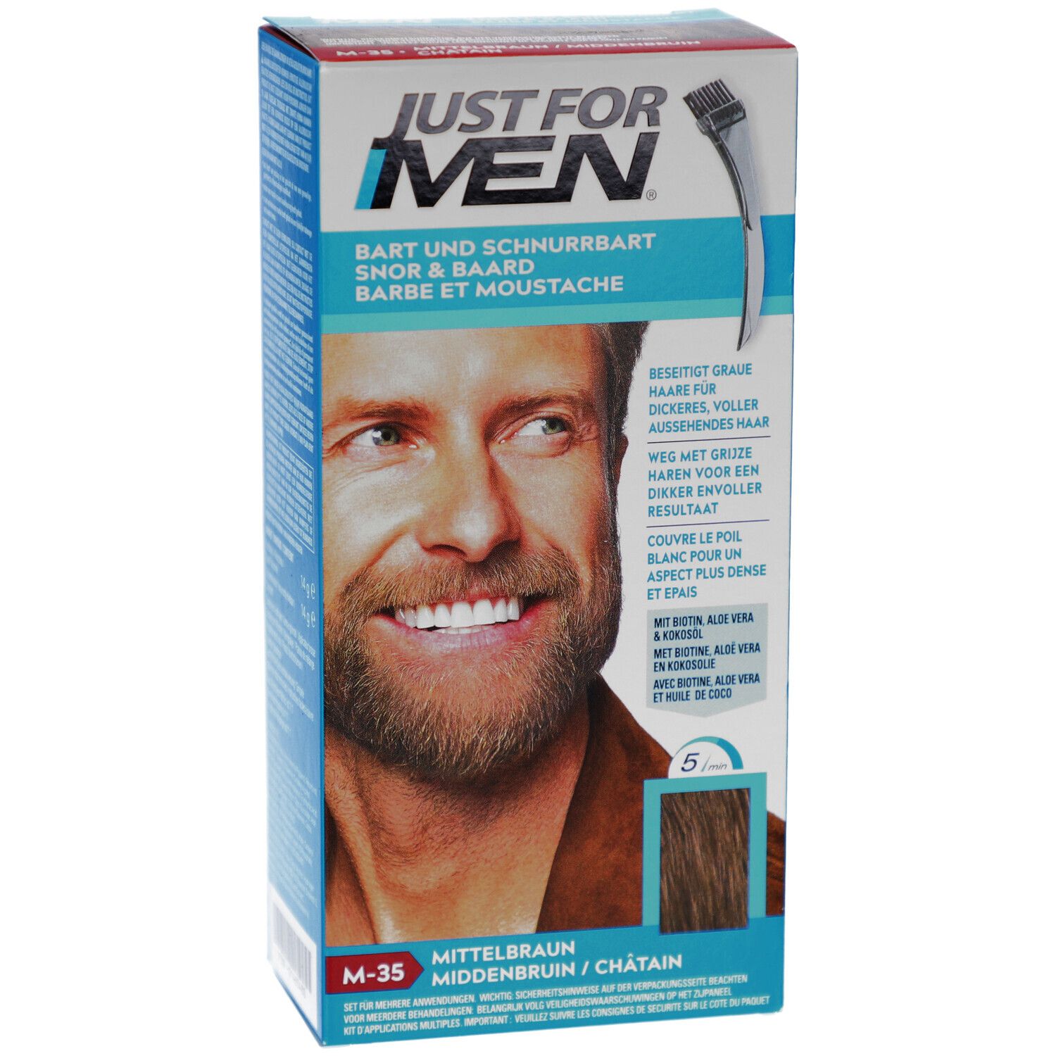 Boîte Just For Men pour barbe et moustache. Homme avec barbe. Teinte M-35, châtain moyen.