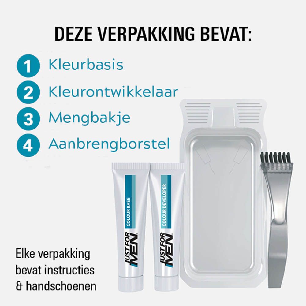 Inhoud van de verpakking: kleurbasis, ontwikkelaar, mengbakje, borstel.