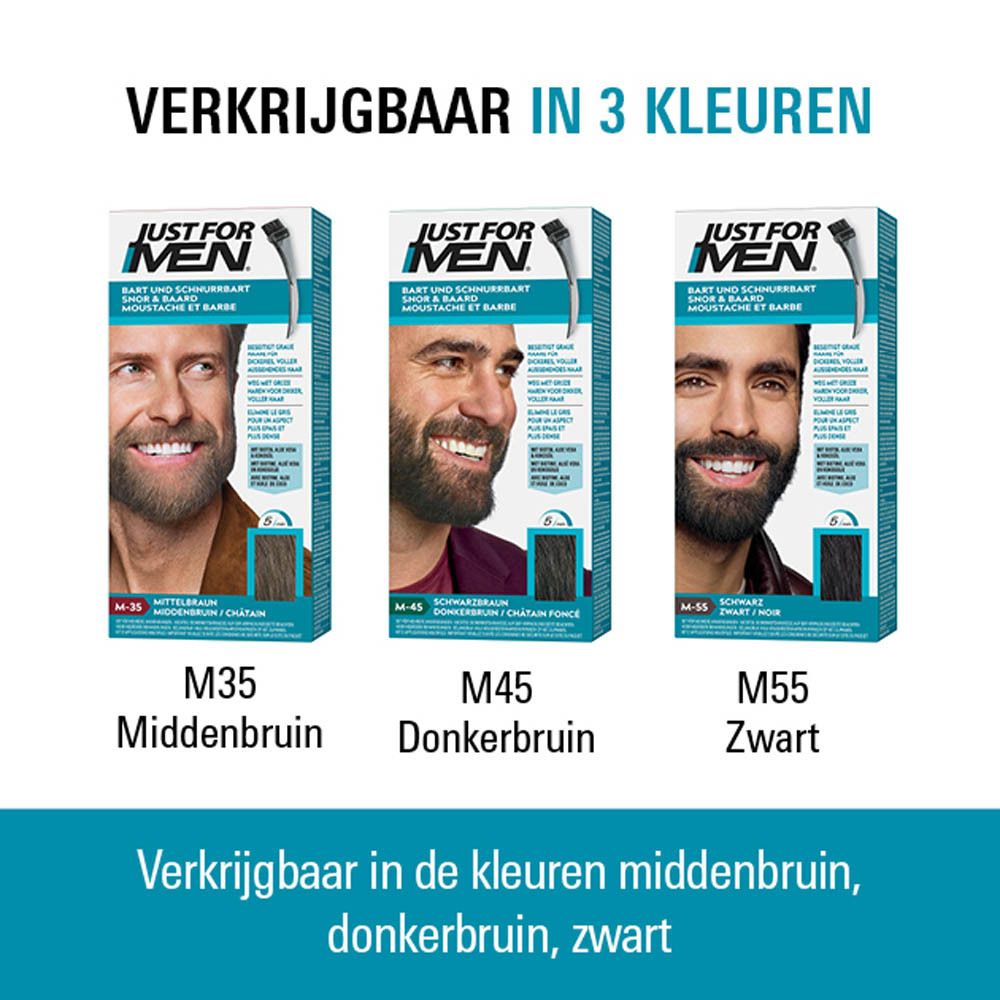 Drie verpakkingen Just For Men baardverf in de kleuren M35 (Middenbruin), M45 (Donkerbruin) en M55 (Zwart).