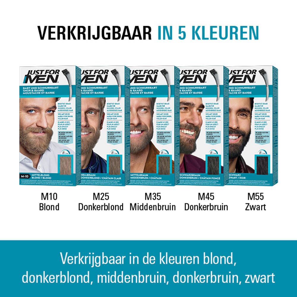 Verpakkingen haarkleur voor mannen in 5 kleuren: Blond, Donkerblond, Middenbruin, Donkerbruin, Zwart.