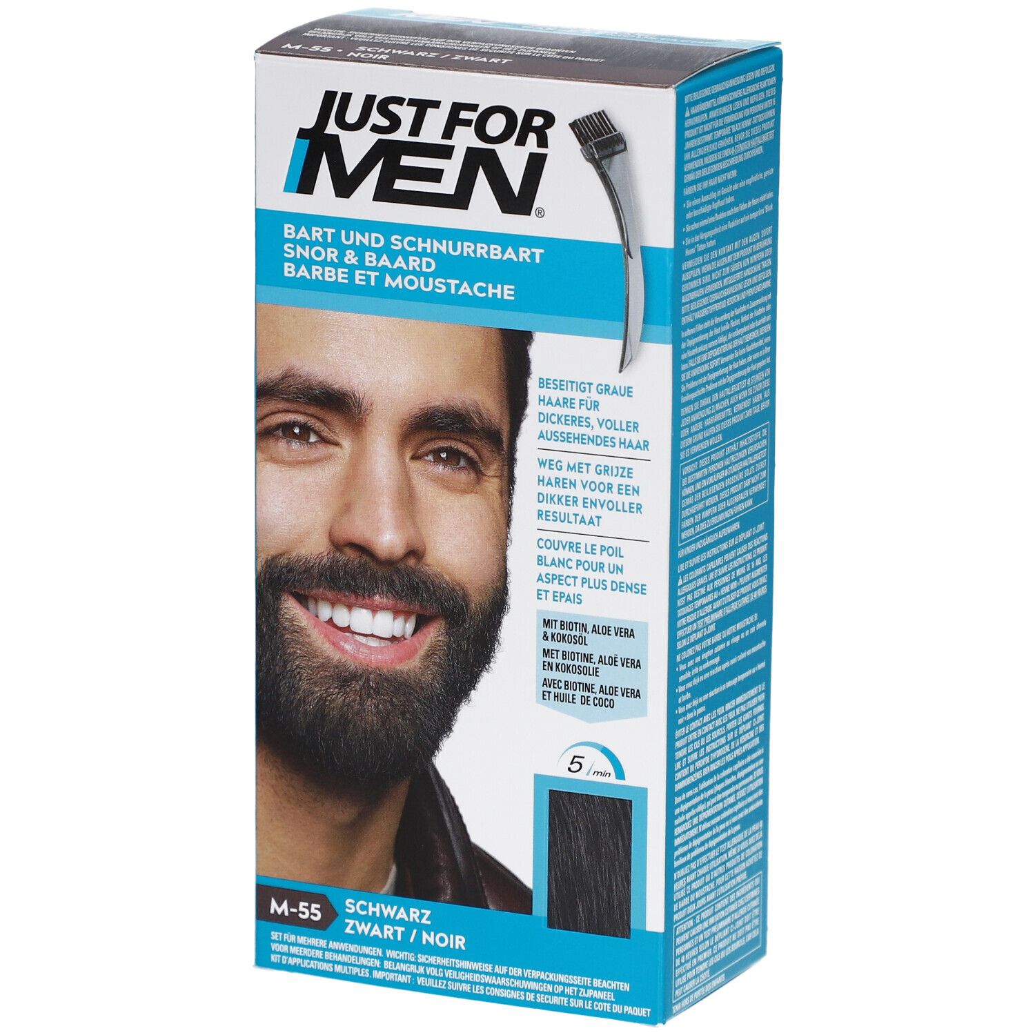 Coloration noire pour barbe et moustache. Emballage avec image du produit et logo.