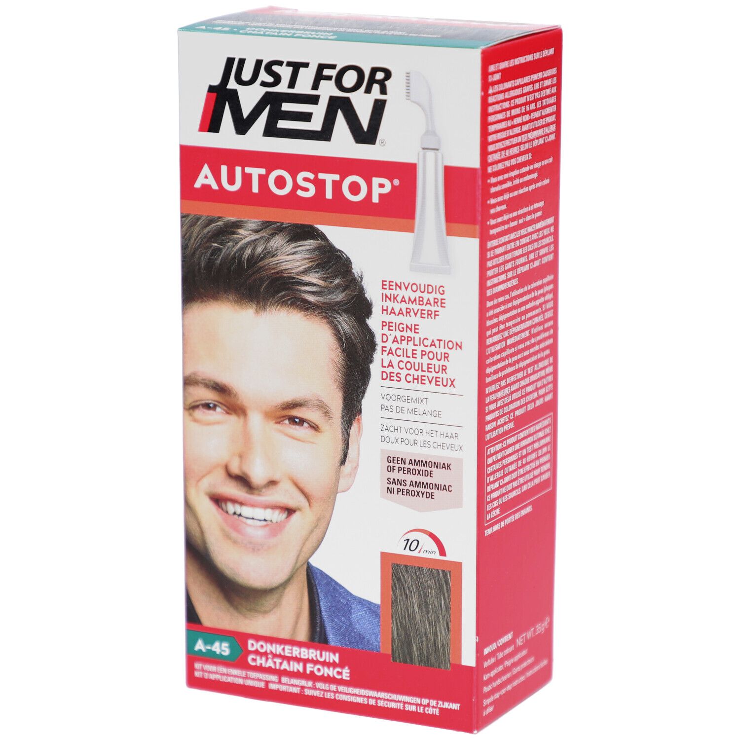 Doos Just For Men Autostop, donkerbruin A-45. Man lacht. Bevat kam-applicator. Tekst: Zonder peroxide, zonder ammoniak.