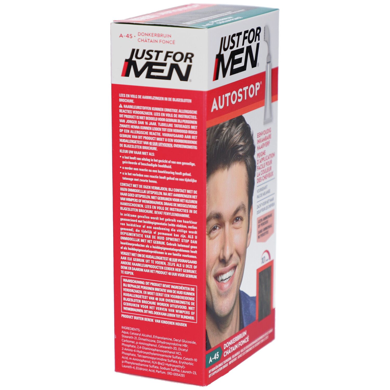 Zijaanzicht van de doos Just For Men Autostop. Meertalige tekst. Afbeelding van een man. Bevat gebruiksinformatie.
