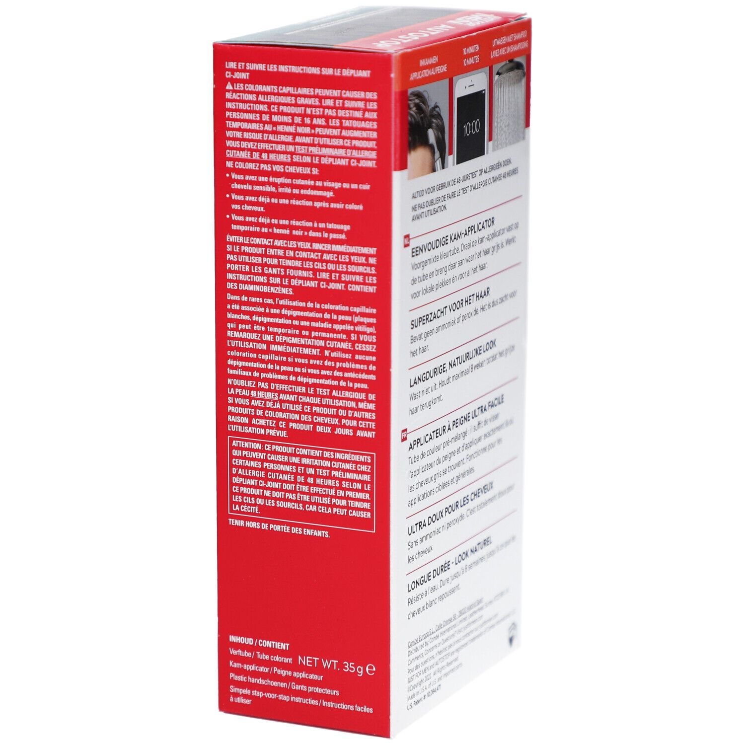 Zijaanzicht van de doos Just For Men Autostop. Meertalige tekst. Bevat gebruiksinformatie en ingrediënten.