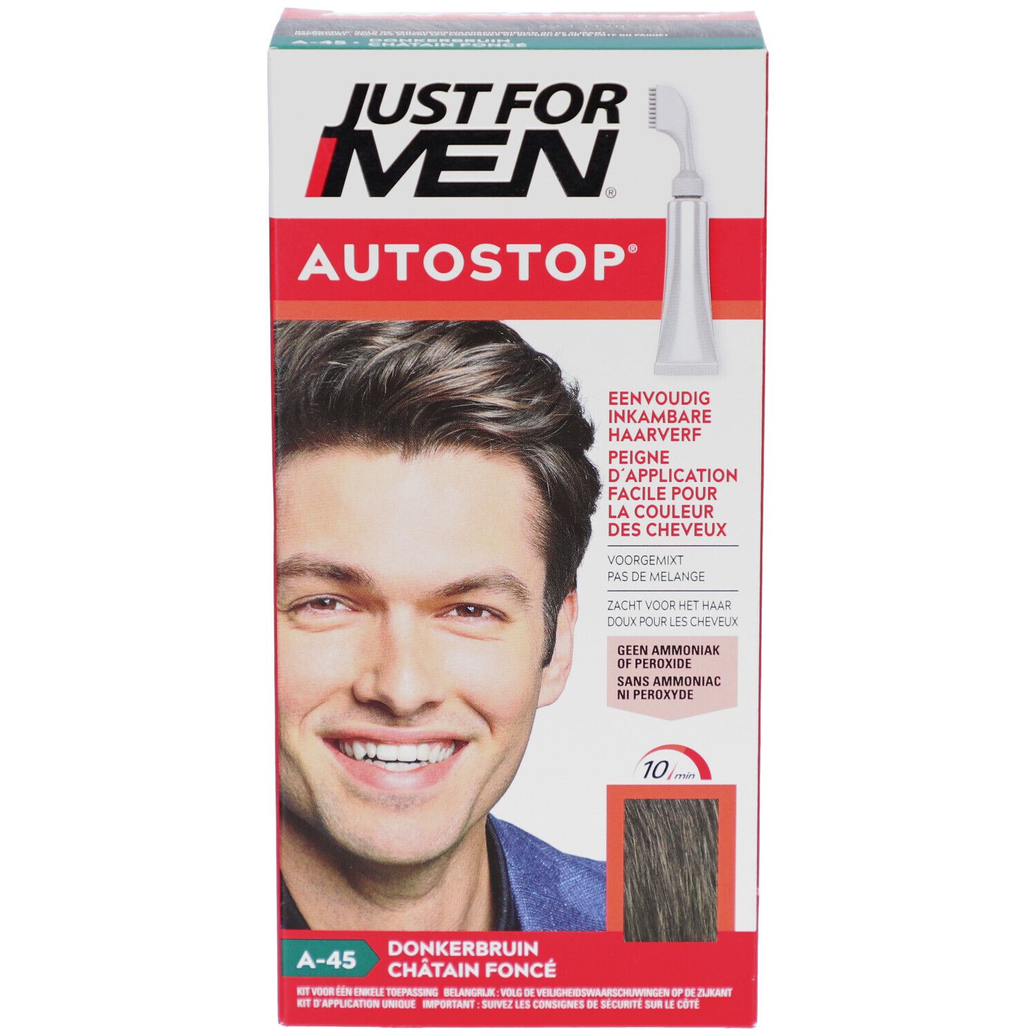 Doos Just For Men Autostop, donkerbruin A-45. Man lacht. Bevat kam-applicator. Tekst: Zonder peroxide, zonder ammoniak.
