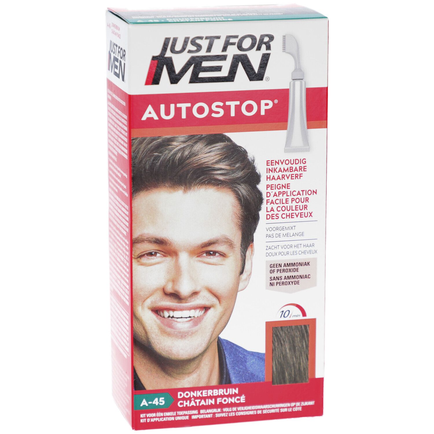 Doos Just For Men Autostop, donkerbruin A-45. Man lacht. Bevat kam-applicator. Tekst: Zonder peroxide, zonder ammoniak.