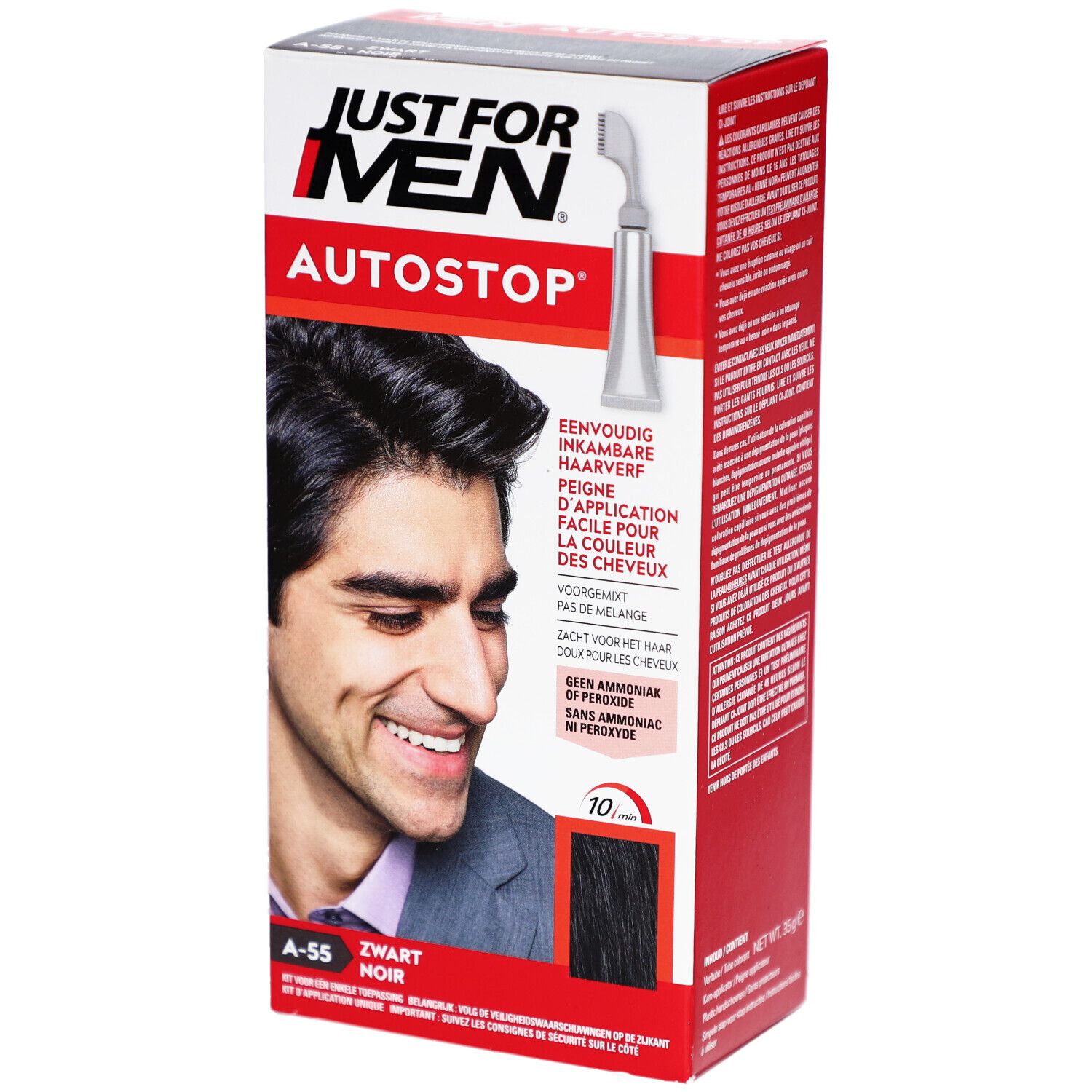 Doos Just For Men Autostop Color Noir A-55. Een man met donker haar afgebeeld. Productinformatie op de verpakking.