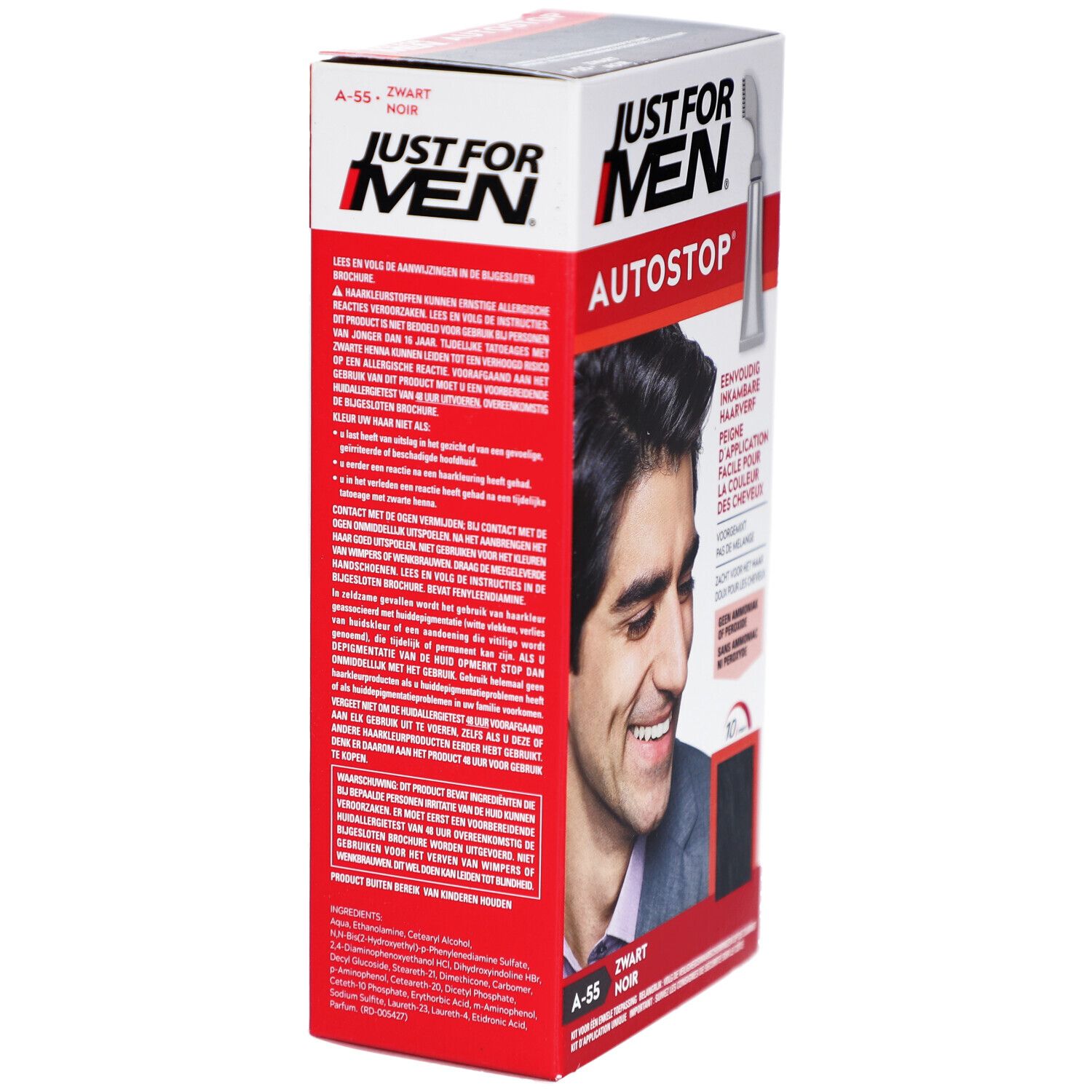 Verpakking Just For Men Autostop Color Noir A-55. Zijaanzicht met tekst en productafbeelding. Bevat informatie en instructies.