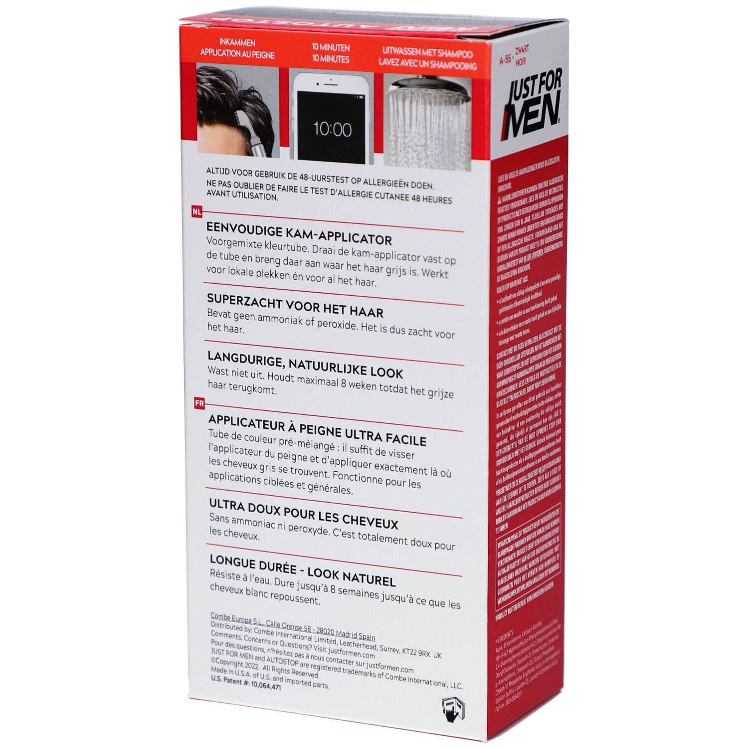 Achterkant van de verpakking Just For Men Autostop Color Noir A-55. Bevat instructies en productinformatie in meerdere talen.