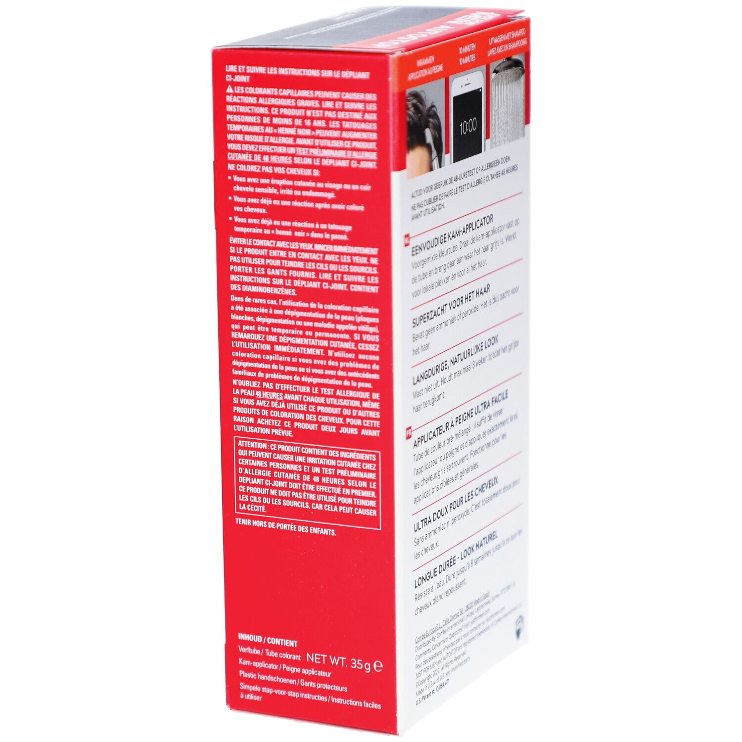 Zijaanzicht van de verpakking Just For Men Autostop Color Noir A-55. Bevat tekst en productinformatie. Nettogewicht 35g.