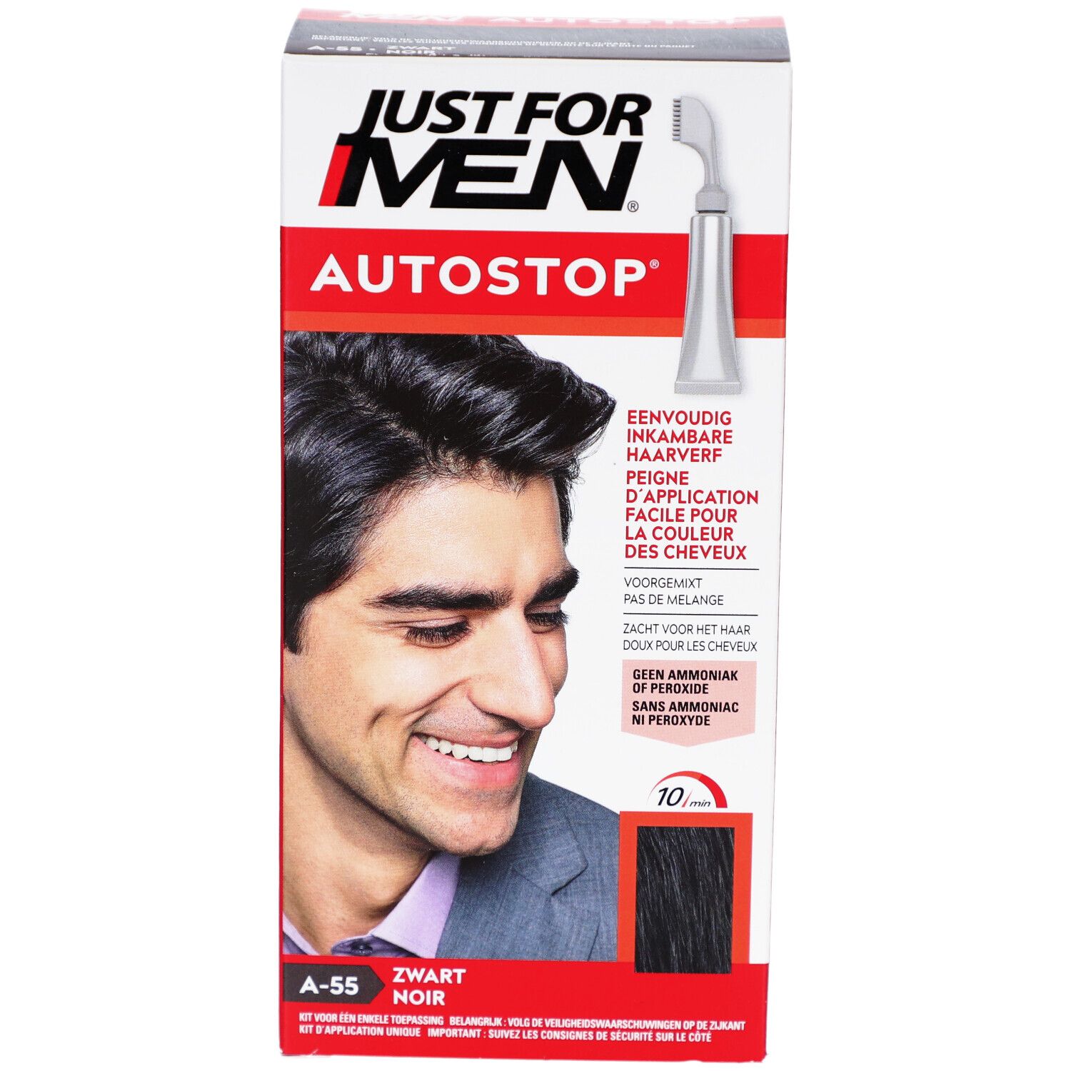 Doos Just For Men Autostop Color Noir A-55. Een man met donker haar afgebeeld. Productinformatie en een kleurweergave.