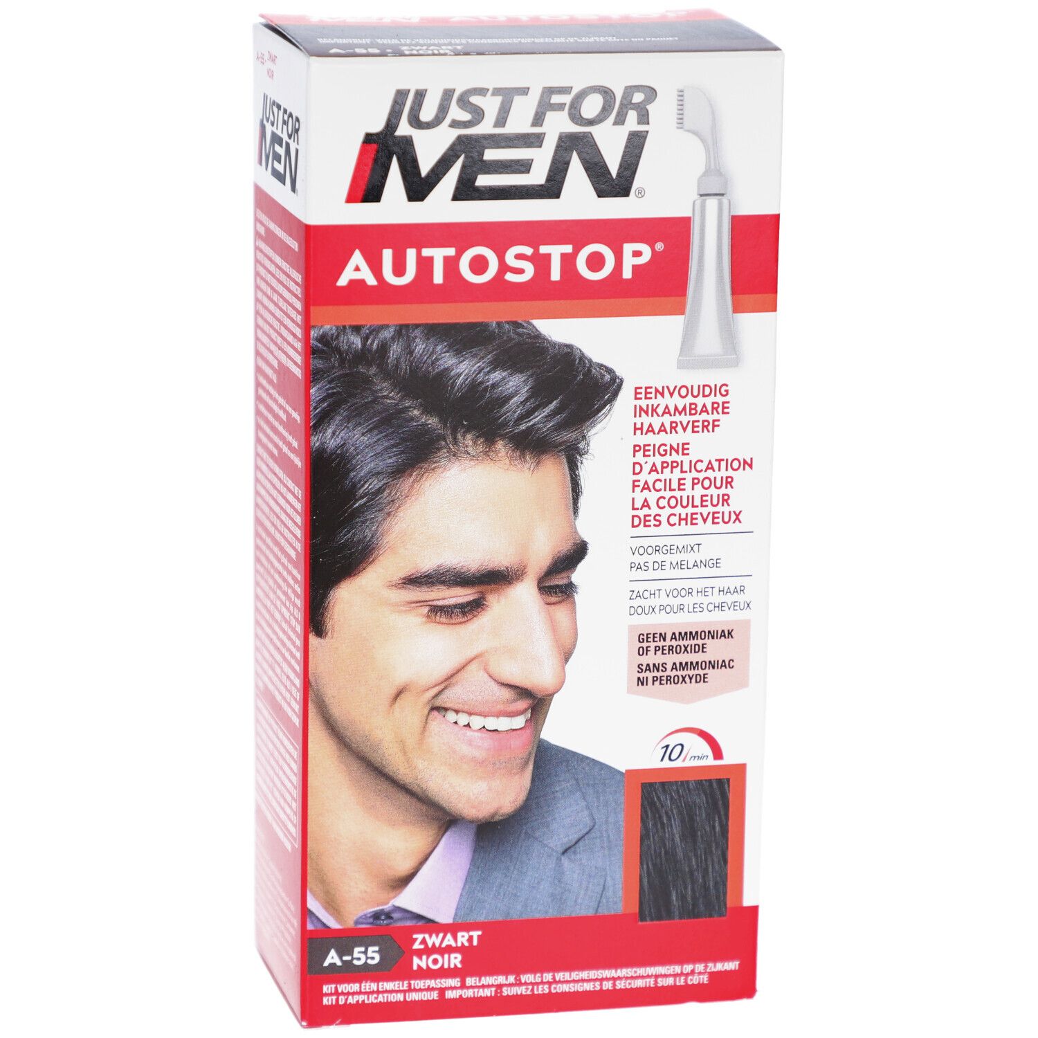 Doos Just For Men Autostop Color Noir A-55. Een man met donker haar afgebeeld. Productinformatie en een kleurweergave.