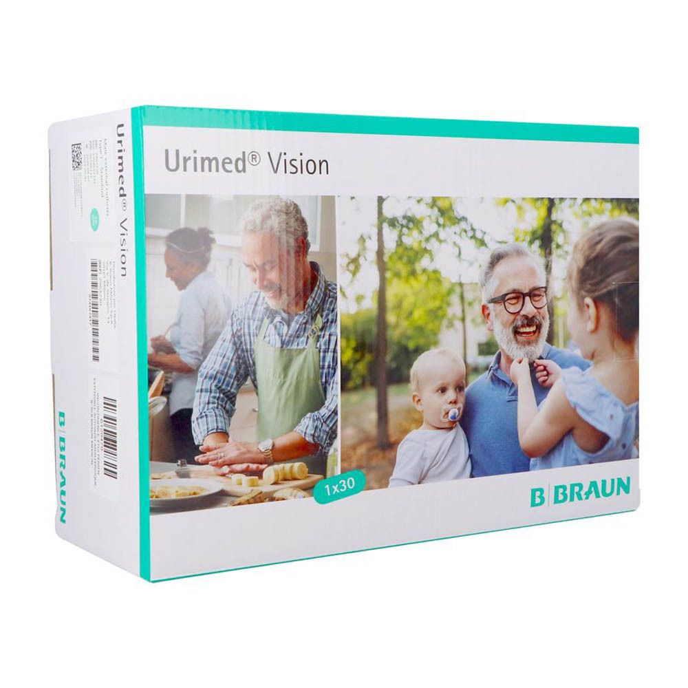 Emballage Urimed® Vision. Inscription : Urimed® Vision, 1x30, B. Braun. Des personnes sont représentées dans des situations quotidiennes.
