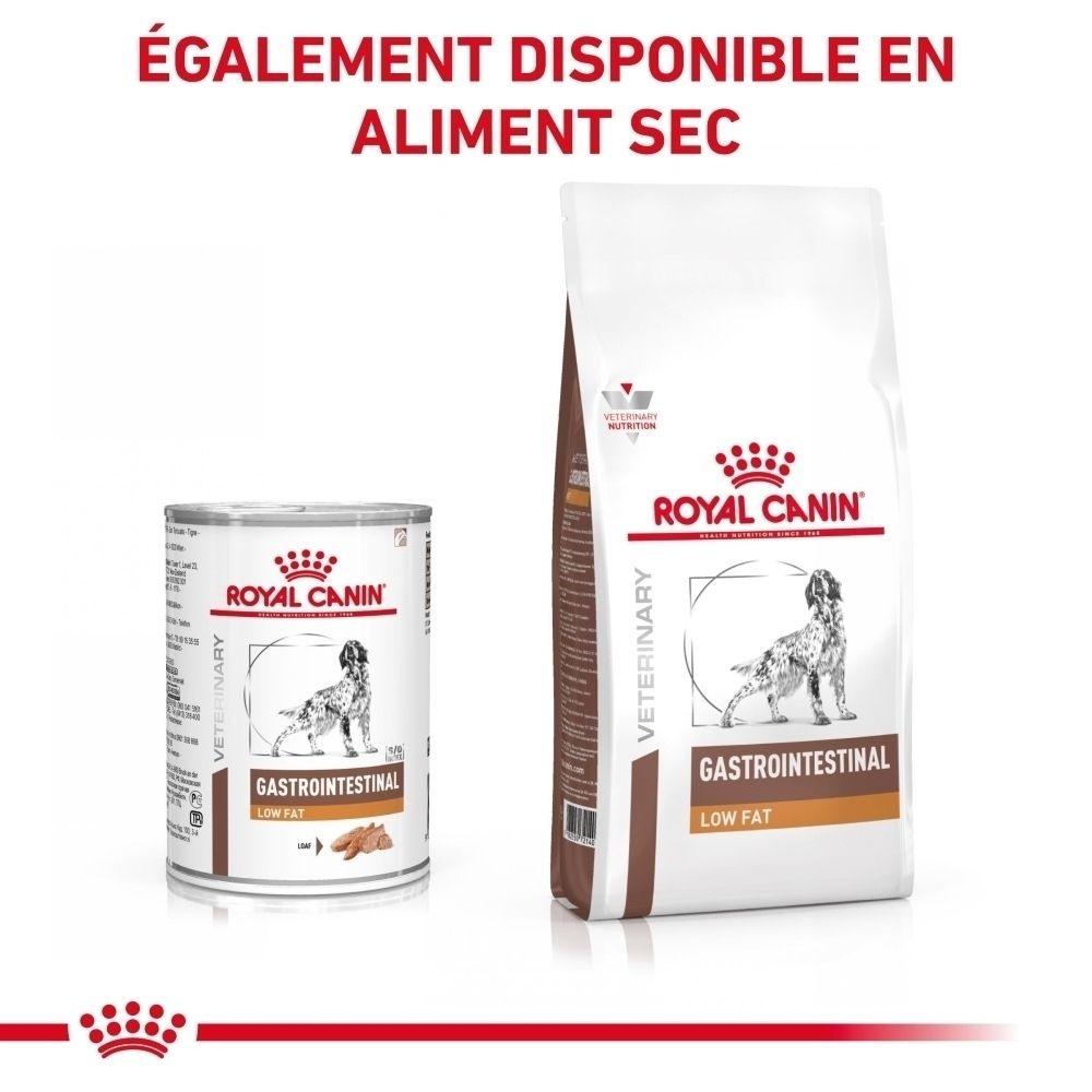 Emballage de 12 boîtes de ROYAL CANIN® GASTROINTESTINAL LOW FAT Mousse.