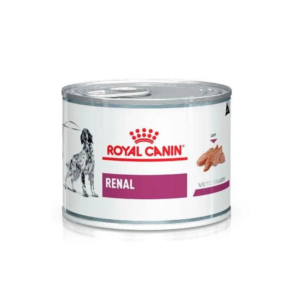 Eén blik Royal Canin Veterinary Renal Mousse met hondenafbeelding.