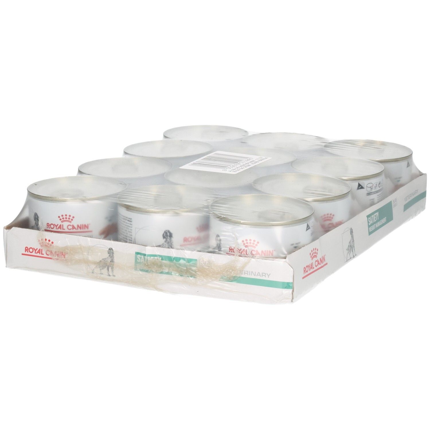 Douze boîtes de nourriture Royal Canin Satiety Weight Management pour animaux dans leur emballage de vente.