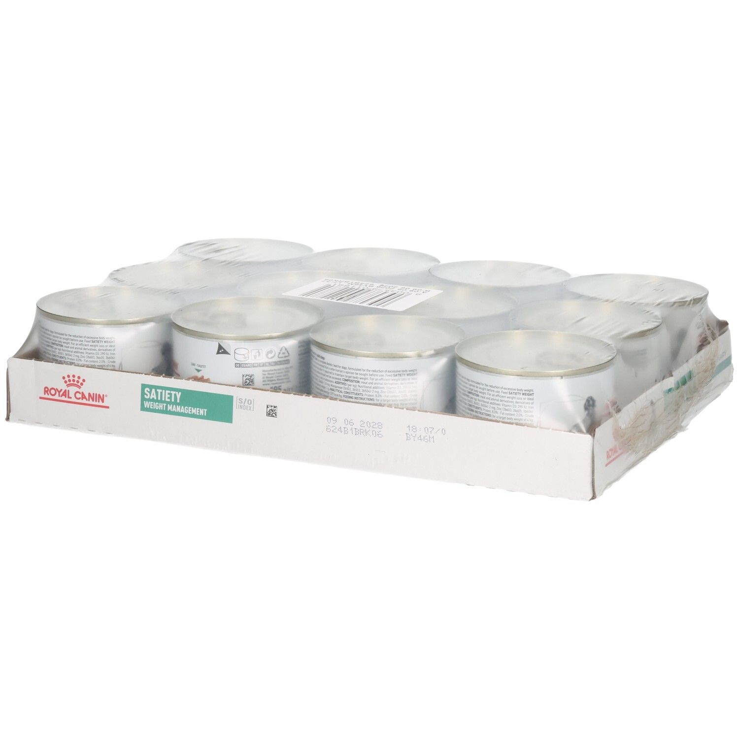 Douze boîtes de nourriture Royal Canin Satiety Weight Management pour animaux dans leur emballage de vente.