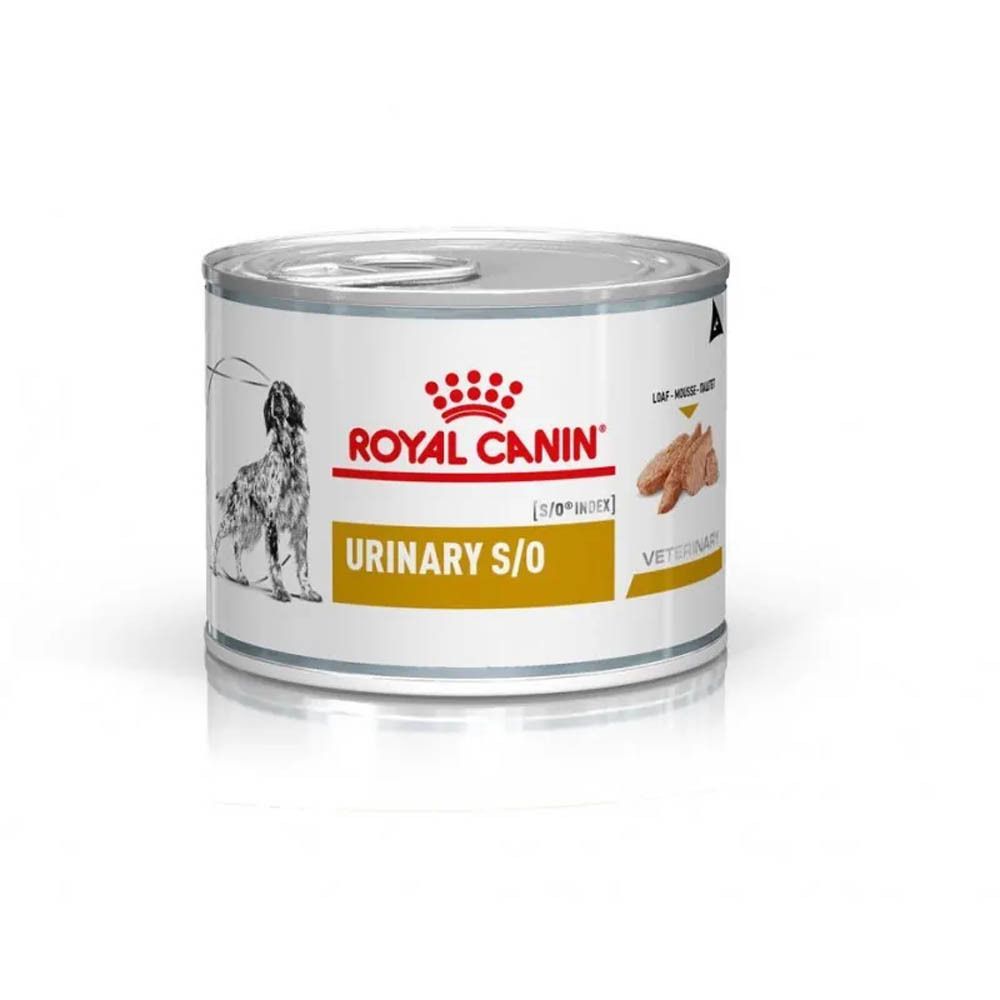 Une boîte de Royal Canin Veterinary Urinary S/O Mousse avec motif de chien.