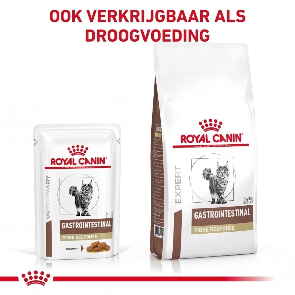 Royal Canin Gastrointestinal Fibre Response kattenvoer in sachet en zak. Met afbeelding van kat en productnaam.