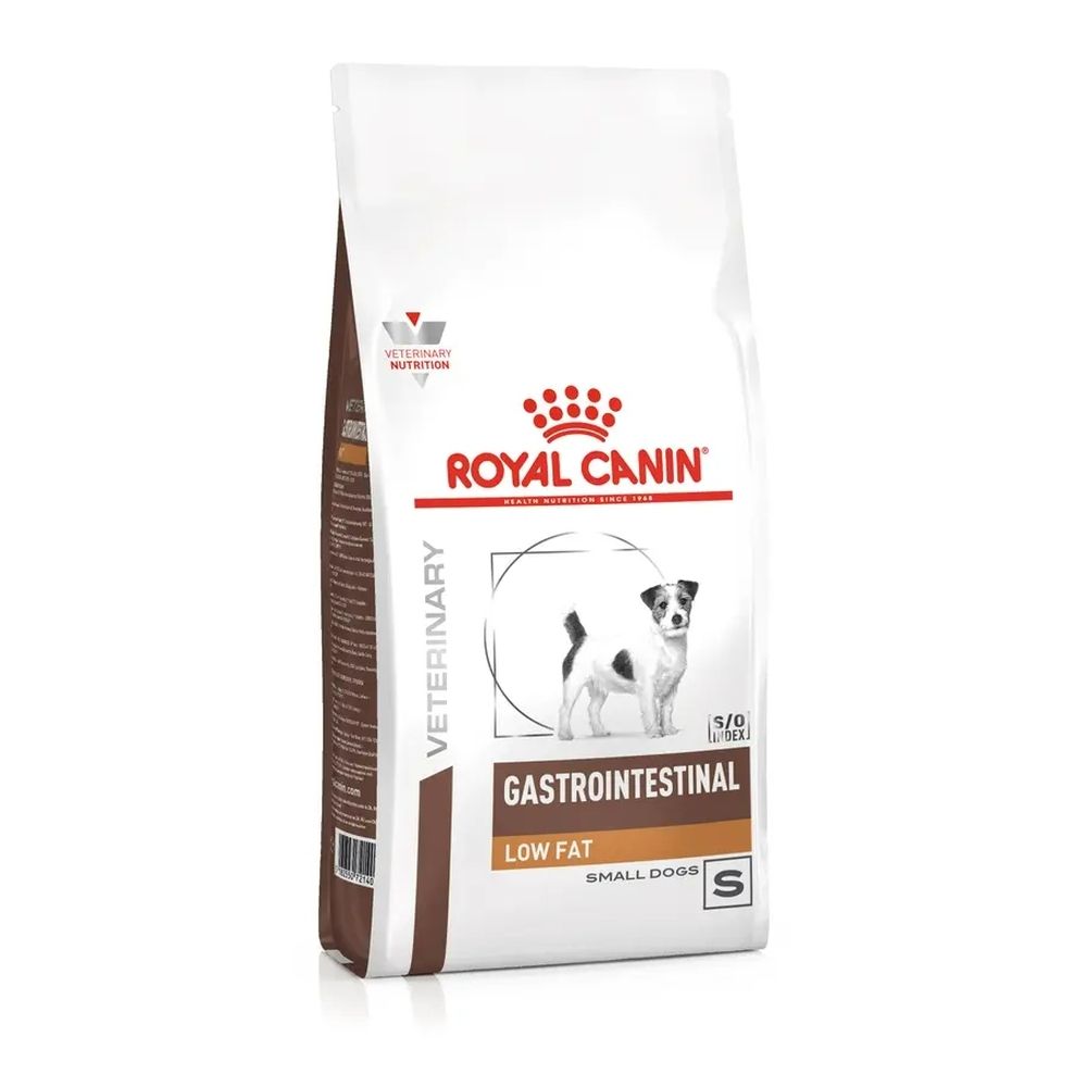 Royal Canin VET-D GI Low Fat SD 8kg hondenvoer. Zak met hondenafbeelding en productinformatie.