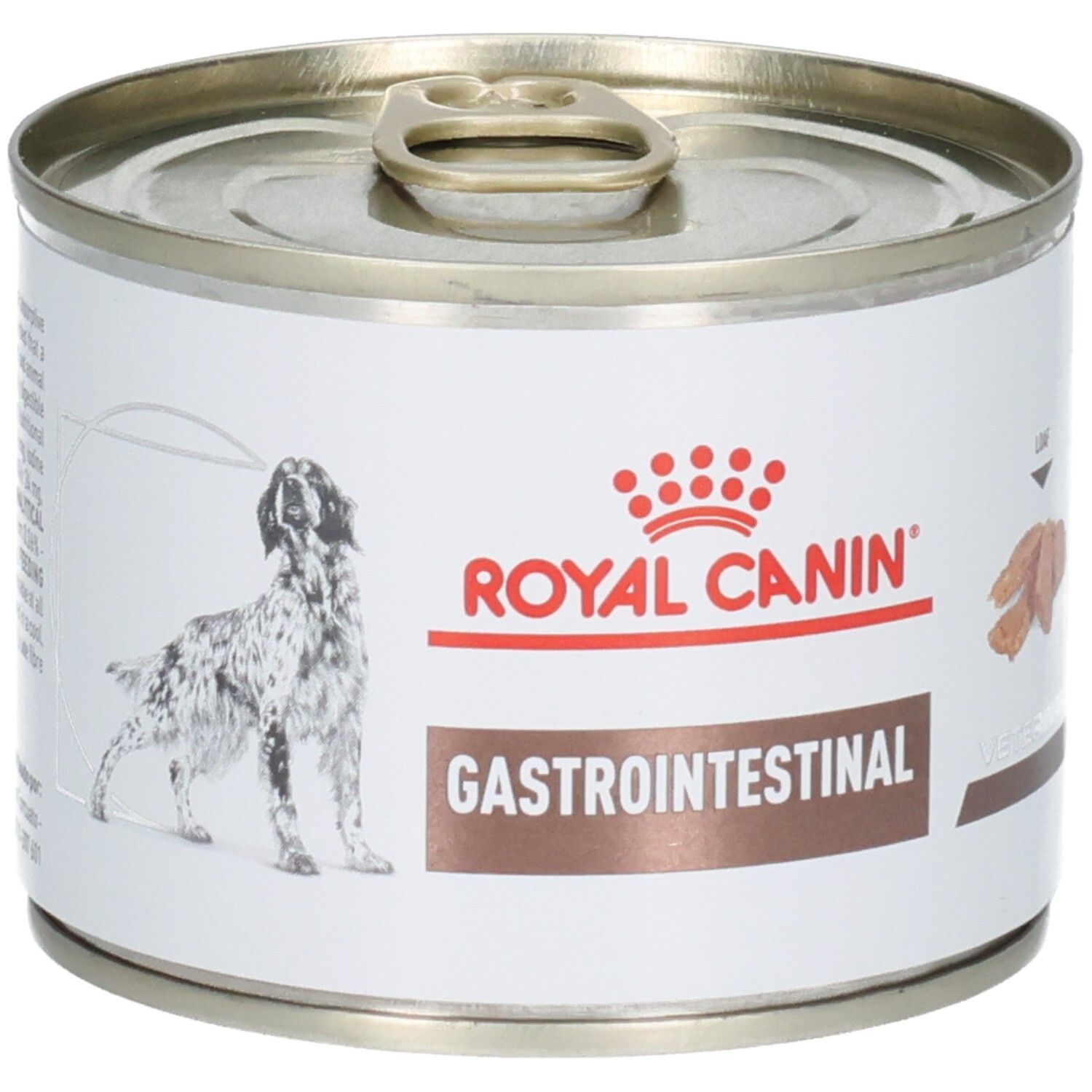 Boîte de nourriture Royal Canin Gastrointestinal pour chien. Étiquette blanche avec image de chien et nom du produit.