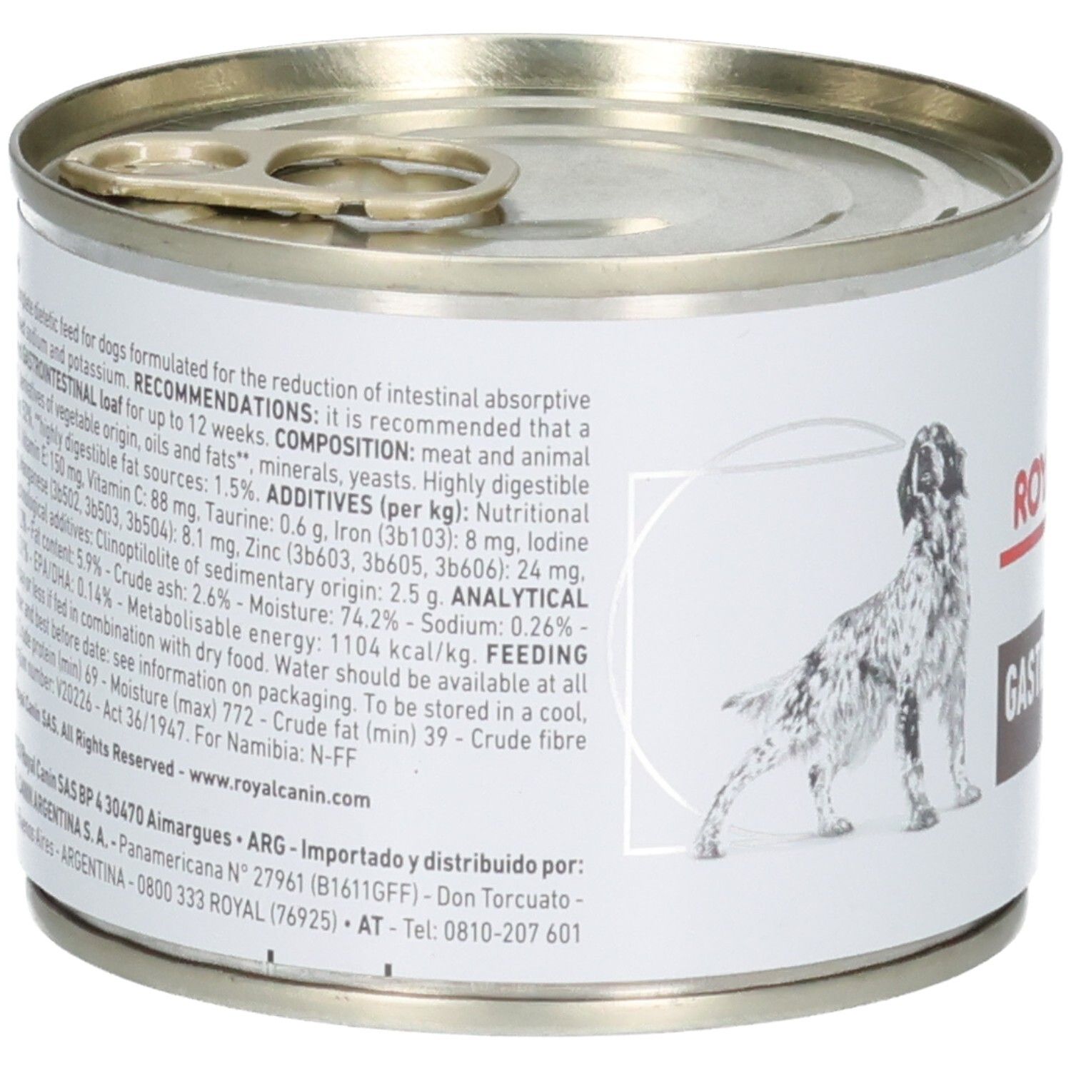 Arrière d'une boîte de nourriture Royal Canin Gastrointestinal pour chien avec informations détaillées et ingrédients.