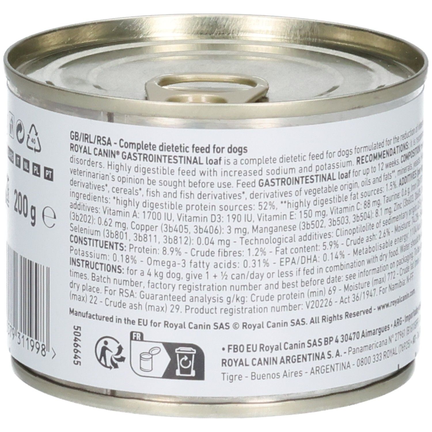 Côté d'une boîte de nourriture Royal Canin Gastrointestinal pour chien avec indication de poids (200g) et code-barres.