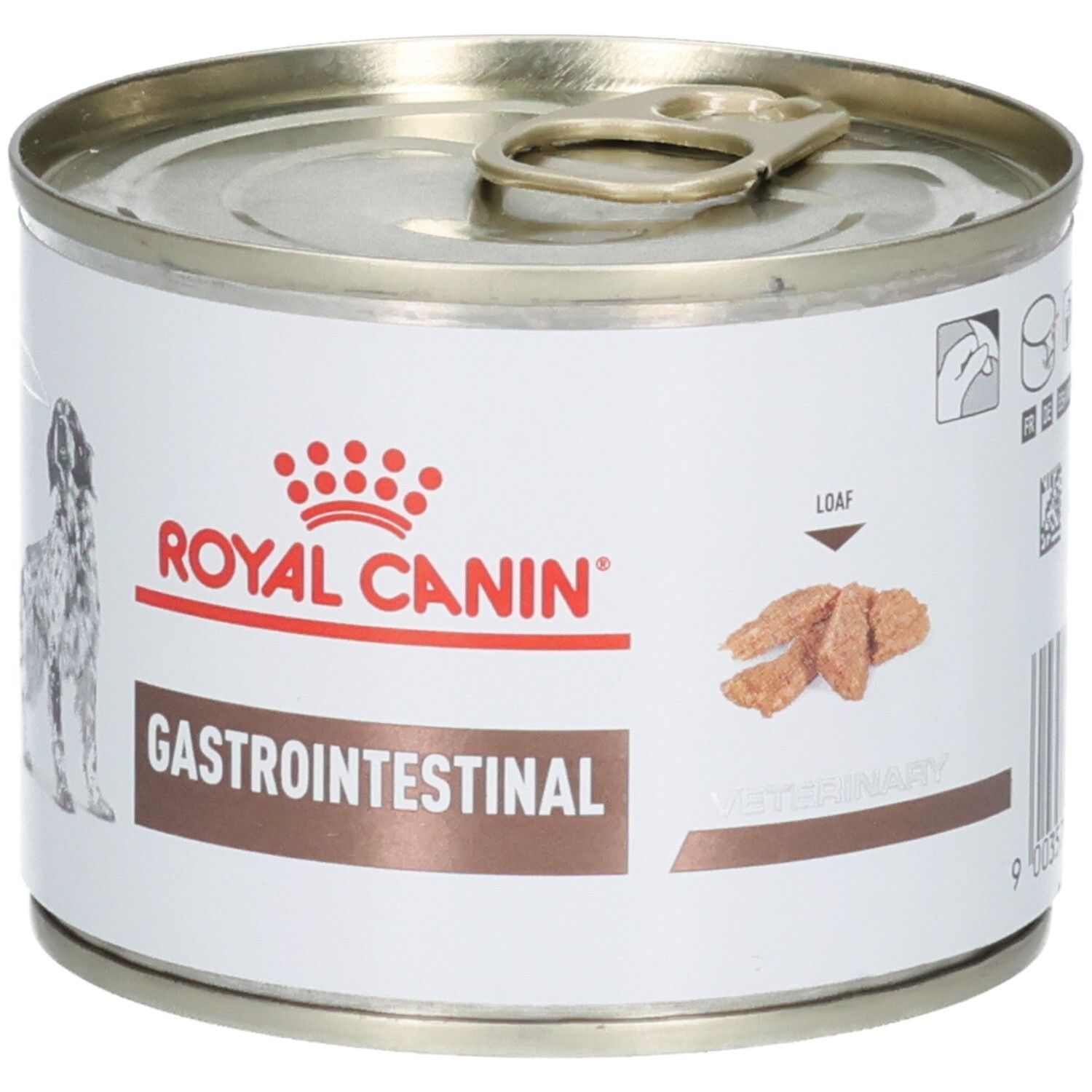 Boîte de nourriture Royal Canin Gastrointestinal pour chien. Gros plan de l'étiquette avec chien et nom du produit.