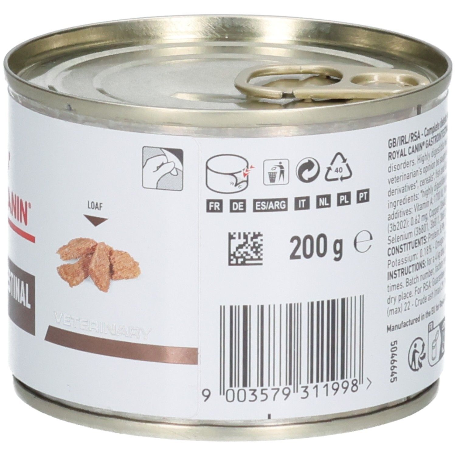 Côté d'une boîte de nourriture Royal Canin Gastrointestinal pour chien avec indications de pays et code QR.