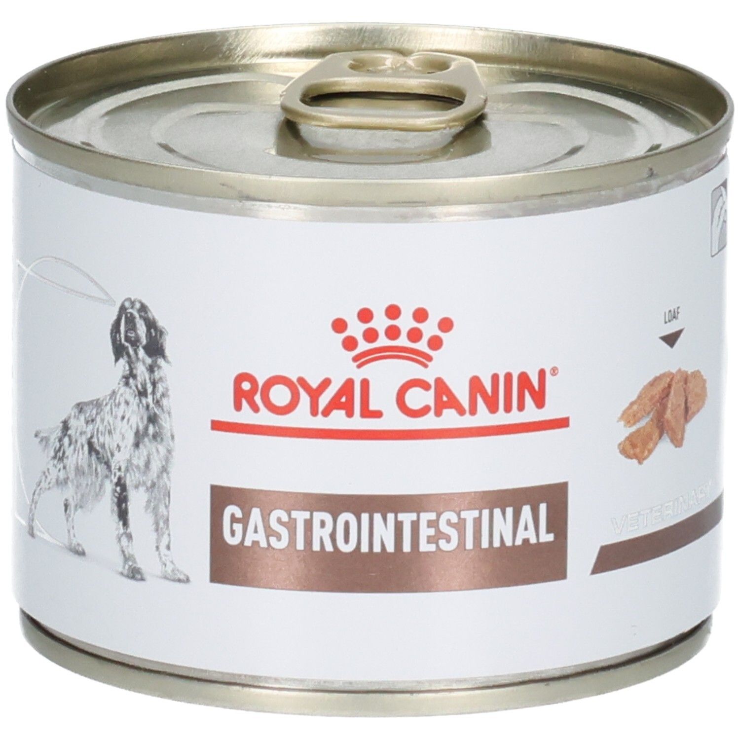 Boîte de nourriture Royal Canin Gastrointestinal pour chien. Vue de face avec chien, nom du produit et représentations.