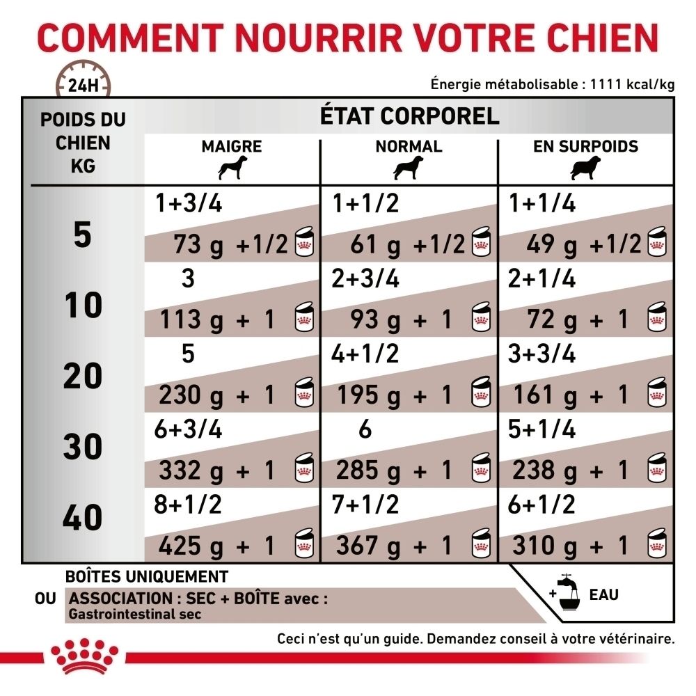 Nourriture Royal Canin Gastrointestinal pour chien en conserve, vue arrière avec informations produit.