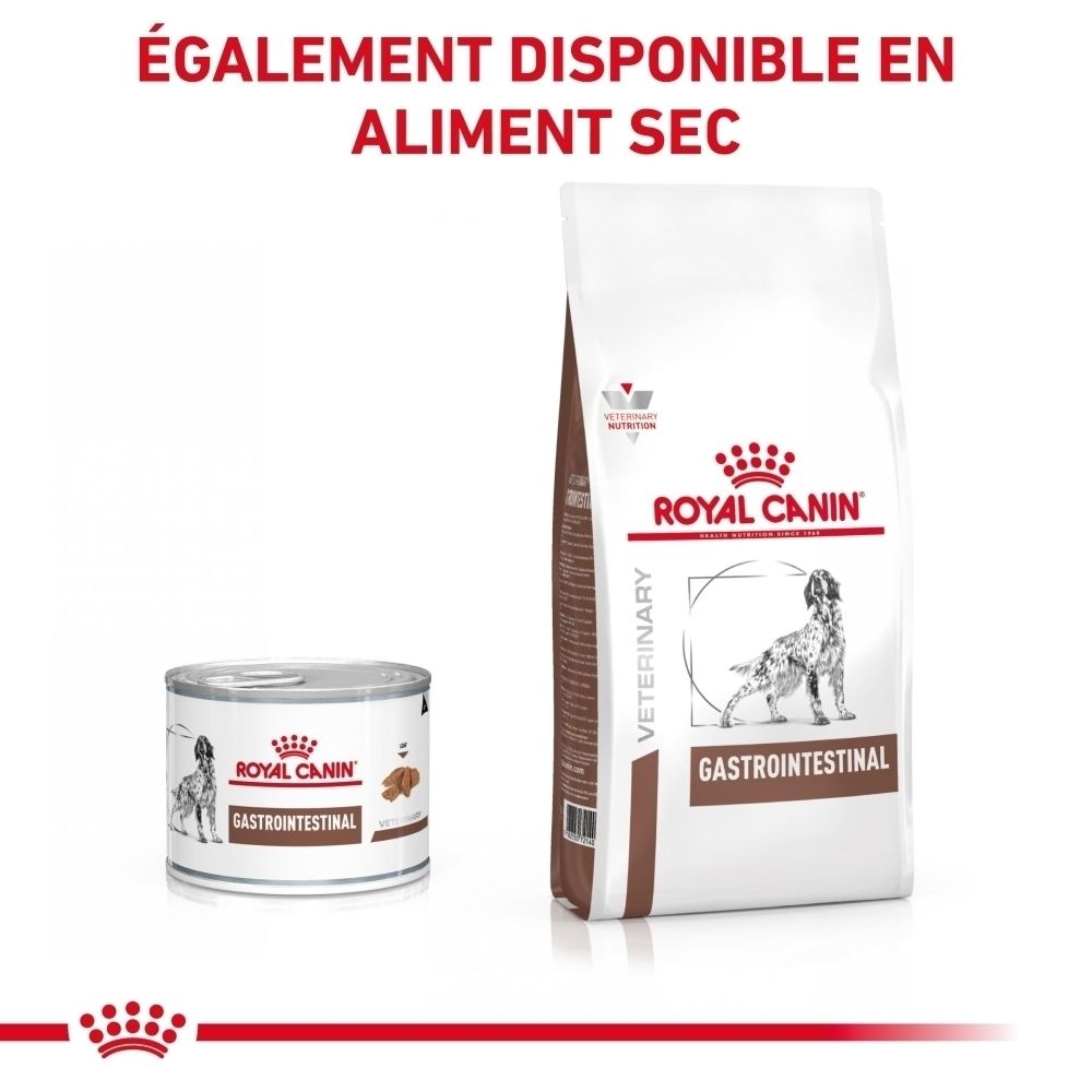 Nourriture Royal Canin Gastrointestinal pour chien en conserve, vue latérale avec informations produit et code-barres.