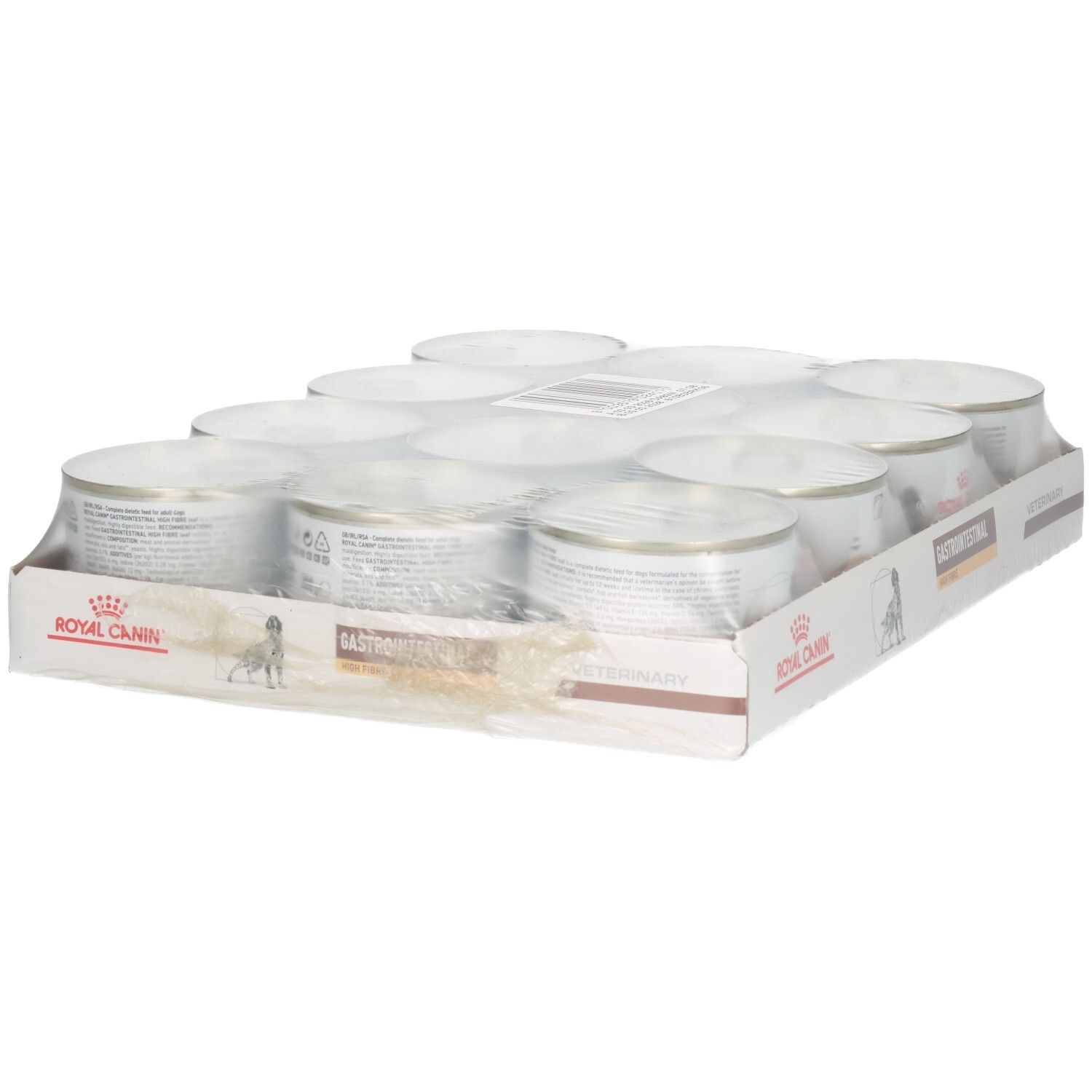 Douze boîtes de nourriture humide Royal Canin VET-D GI High Fibre en carton.