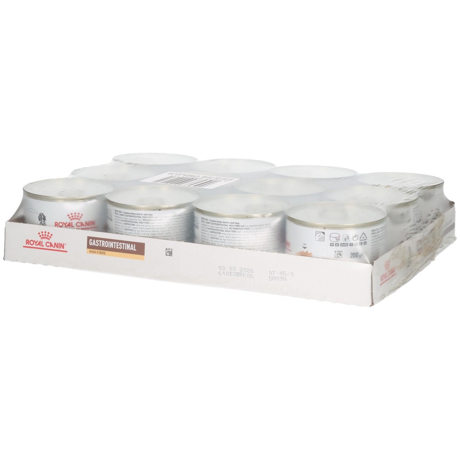 Douze boîtes de nourriture humide Royal Canin VET-D GI High Fibre en carton.