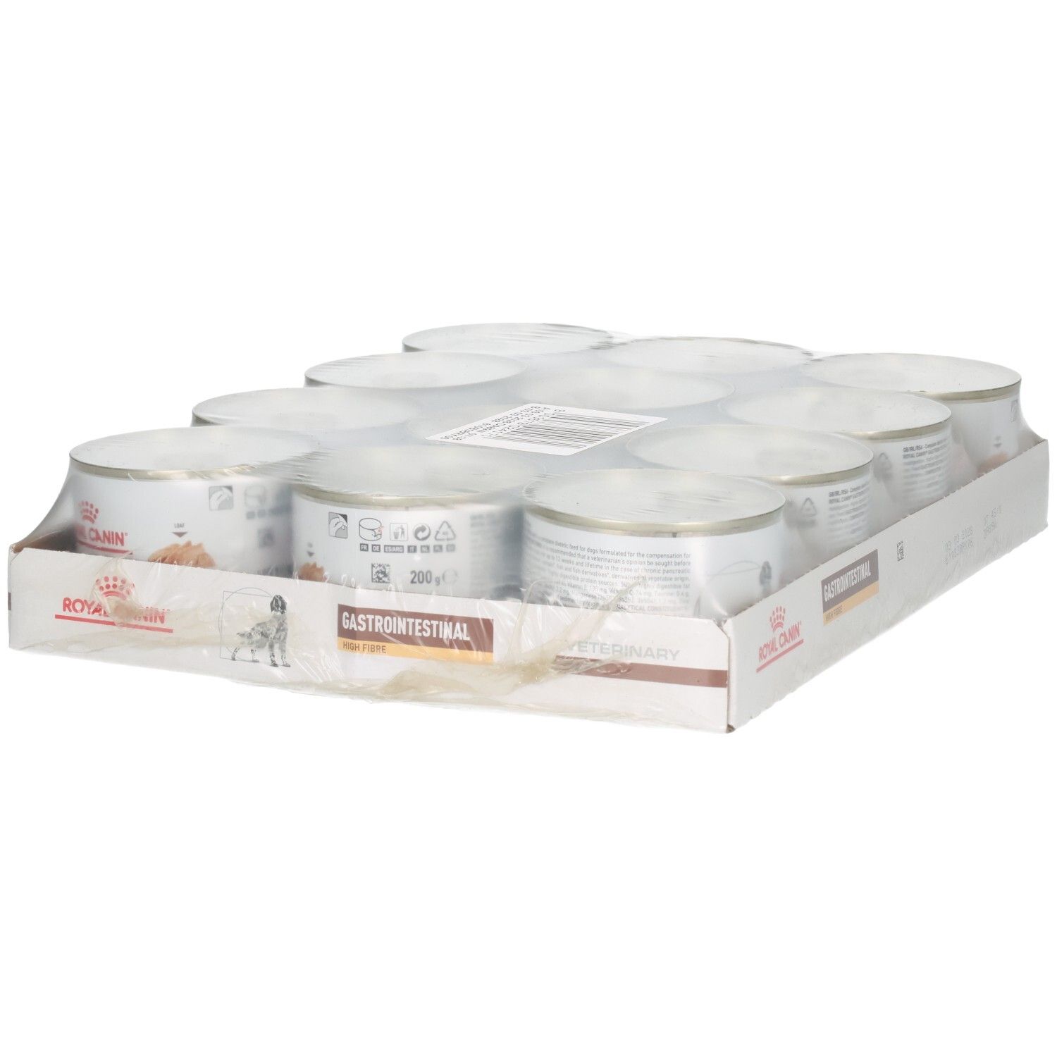 Douze boîtes de nourriture humide Royal Canin VET-D GI High Fibre en carton.