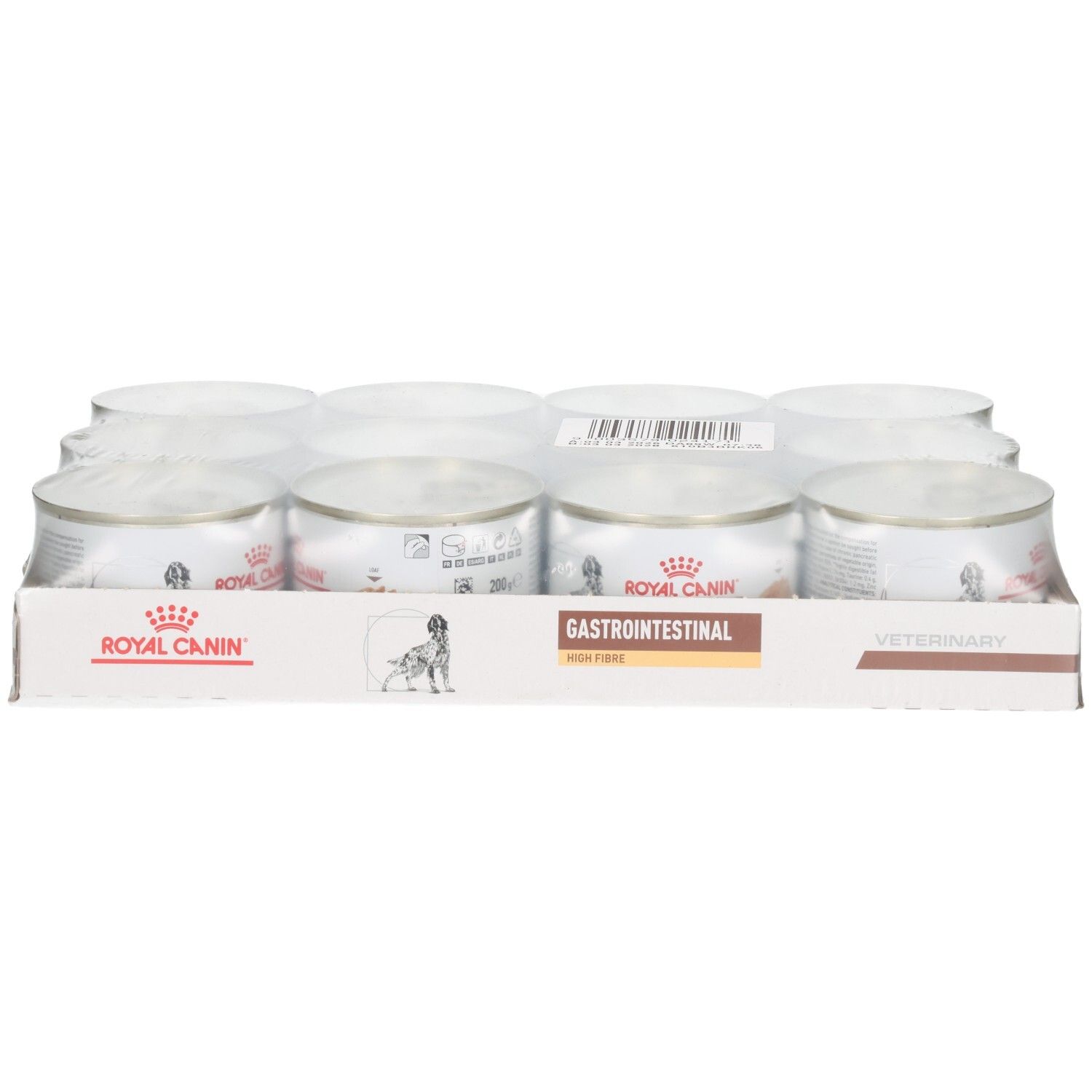 Douze boîtes de nourriture humide Royal Canin VET-D GI High Fibre en carton.