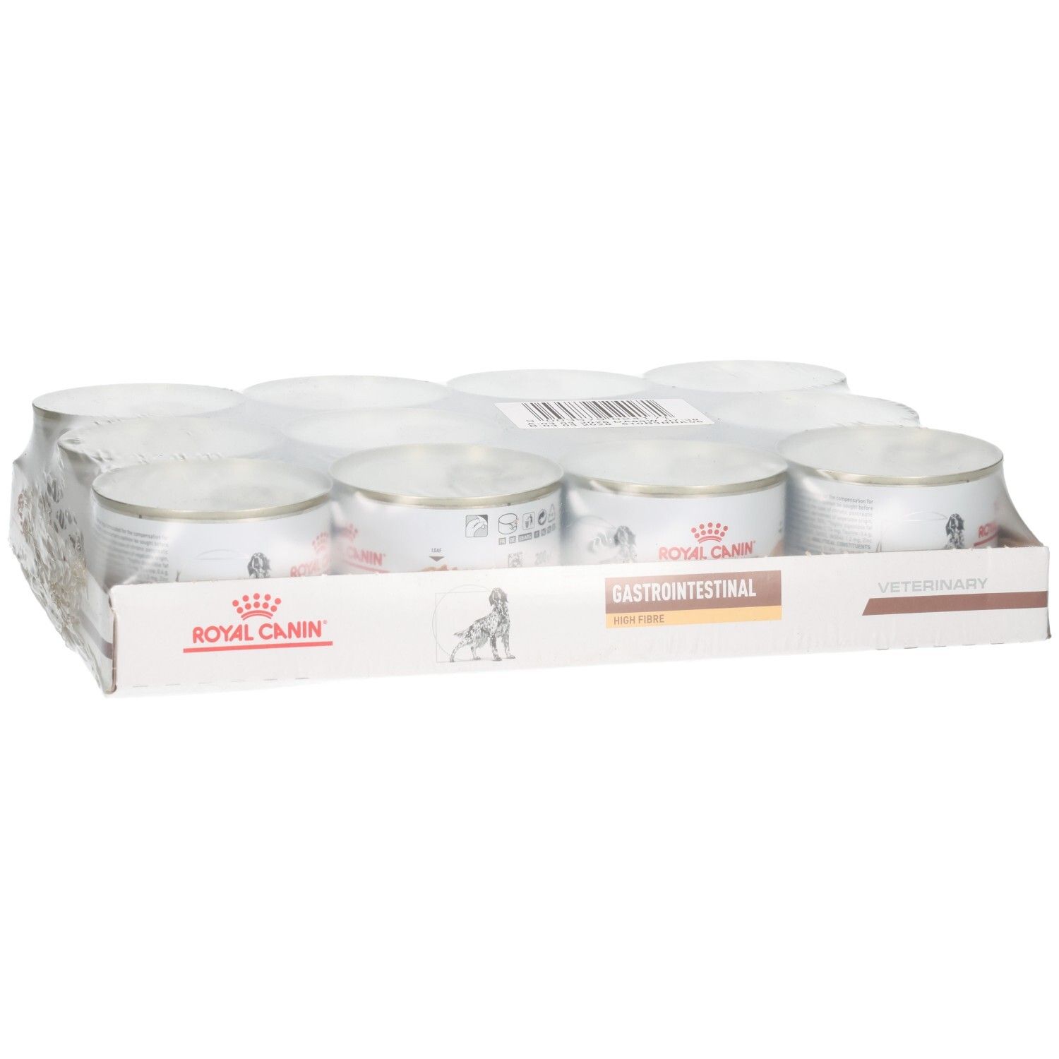Douze boîtes de nourriture humide Royal Canin VET-D GI High Fibre en carton.