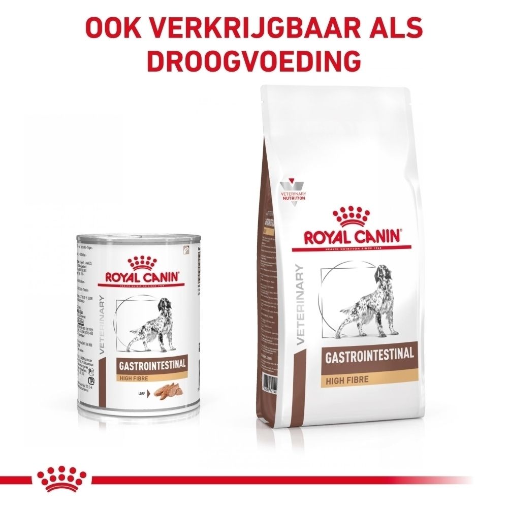 Royal Canin Gastrointestinal natvoer blik met hondenafbeelding en tekst.